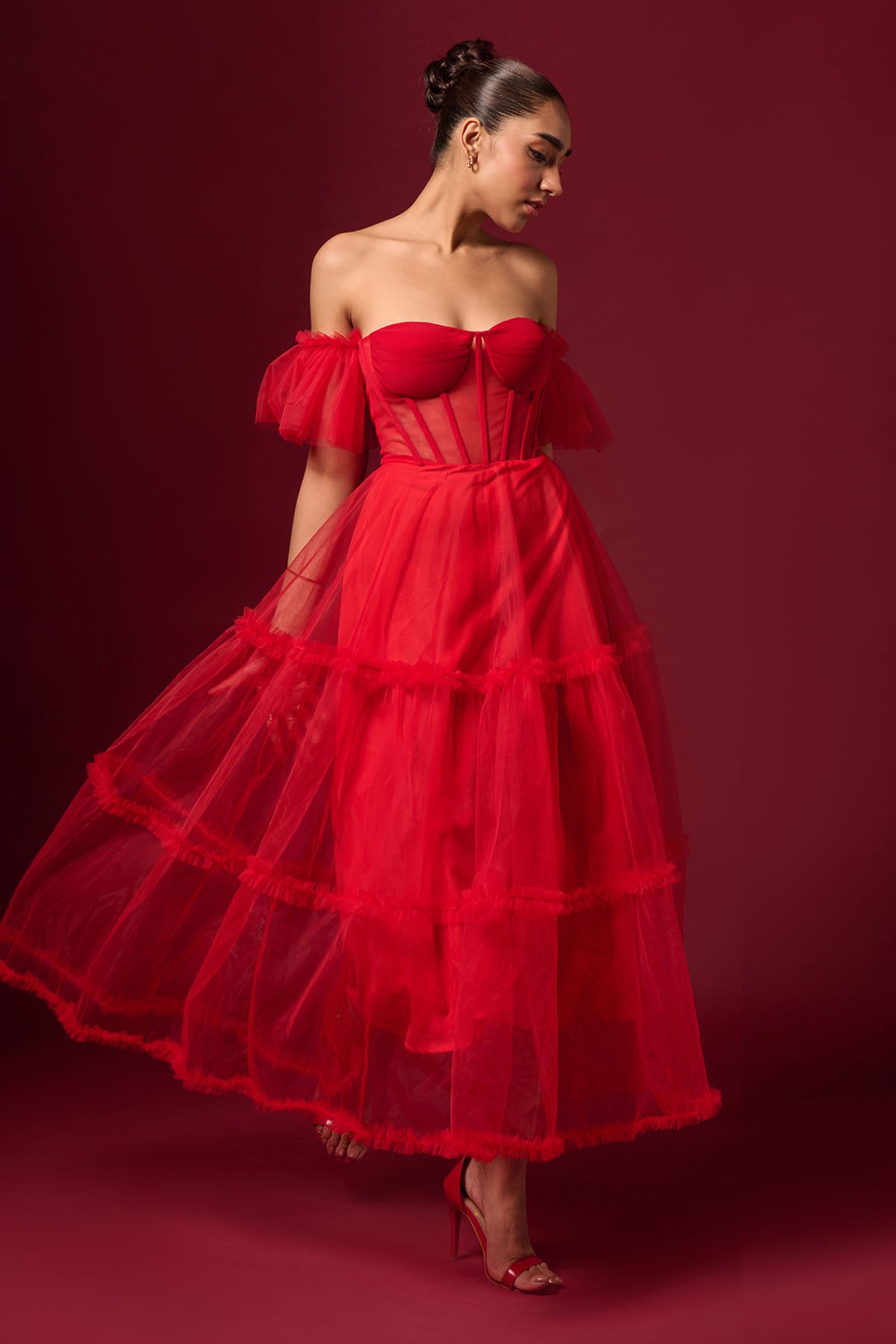 Red Off Shoulder Tulle Dress