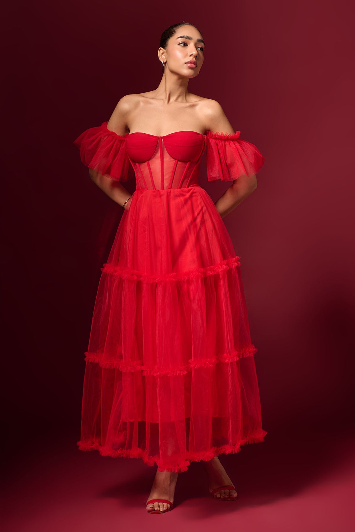 Red Off Shoulder Tulle Dress