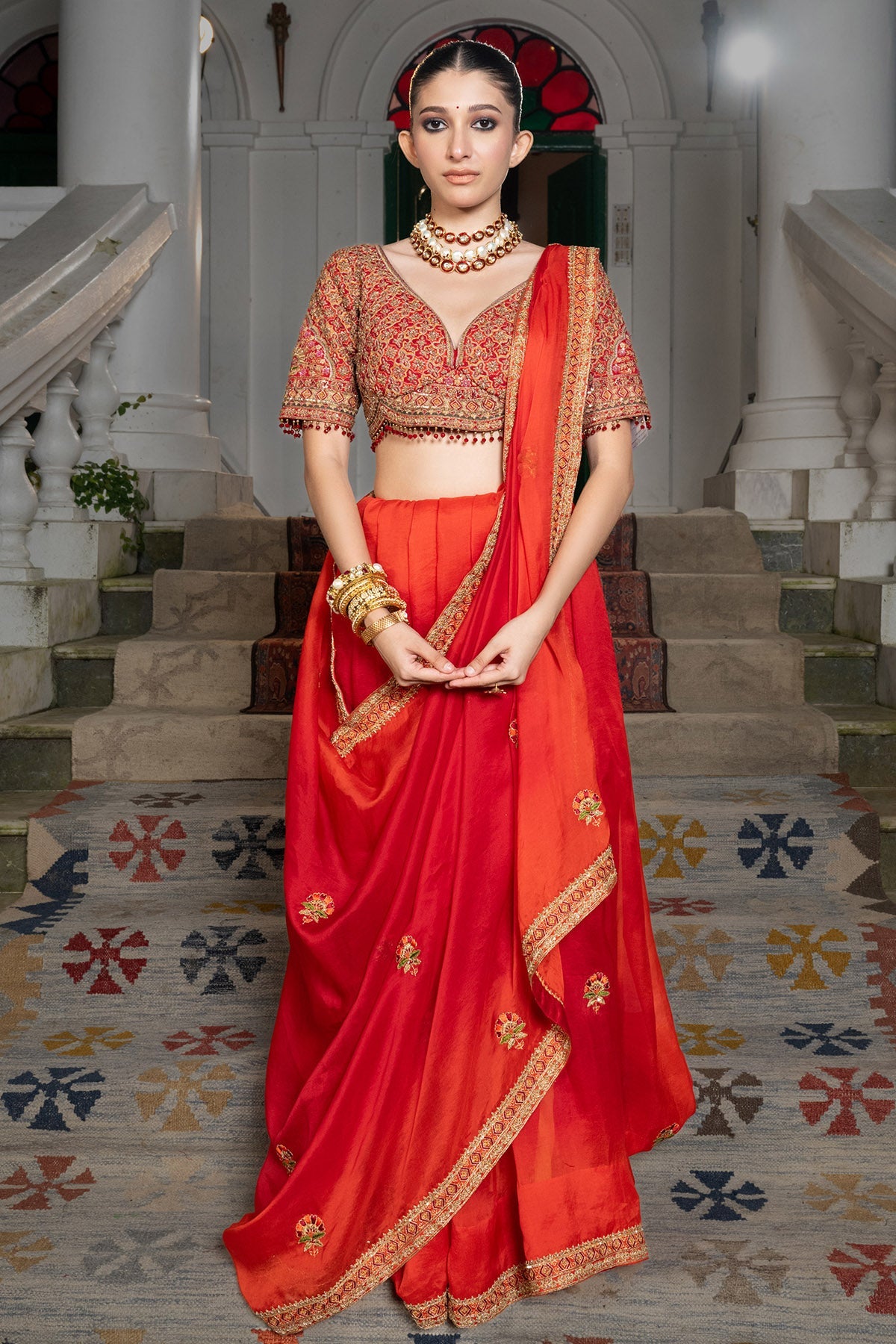 Buy Red Ombre Embroidery Saree Set for women by Paarsh Atelier online available at scrollnshops