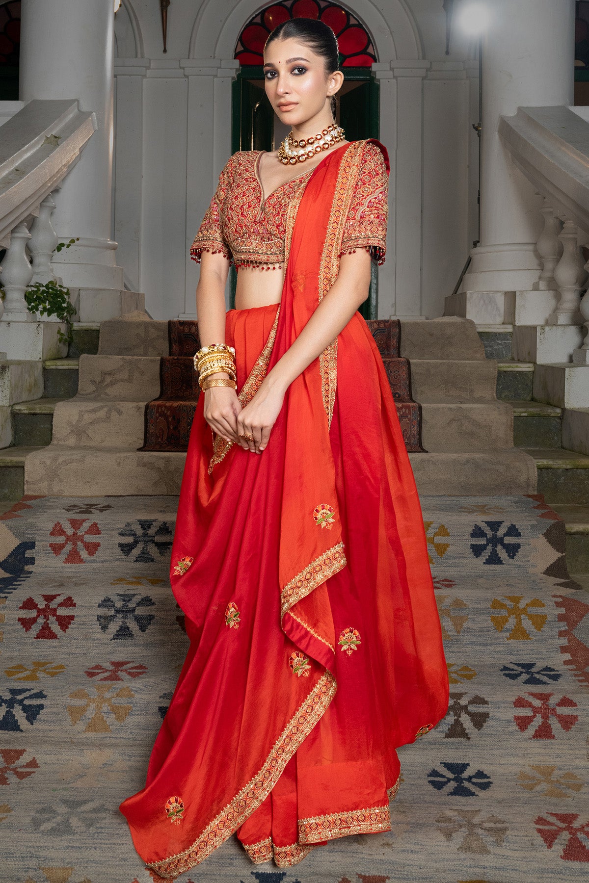 Red Ombre Embroidery Saree Set