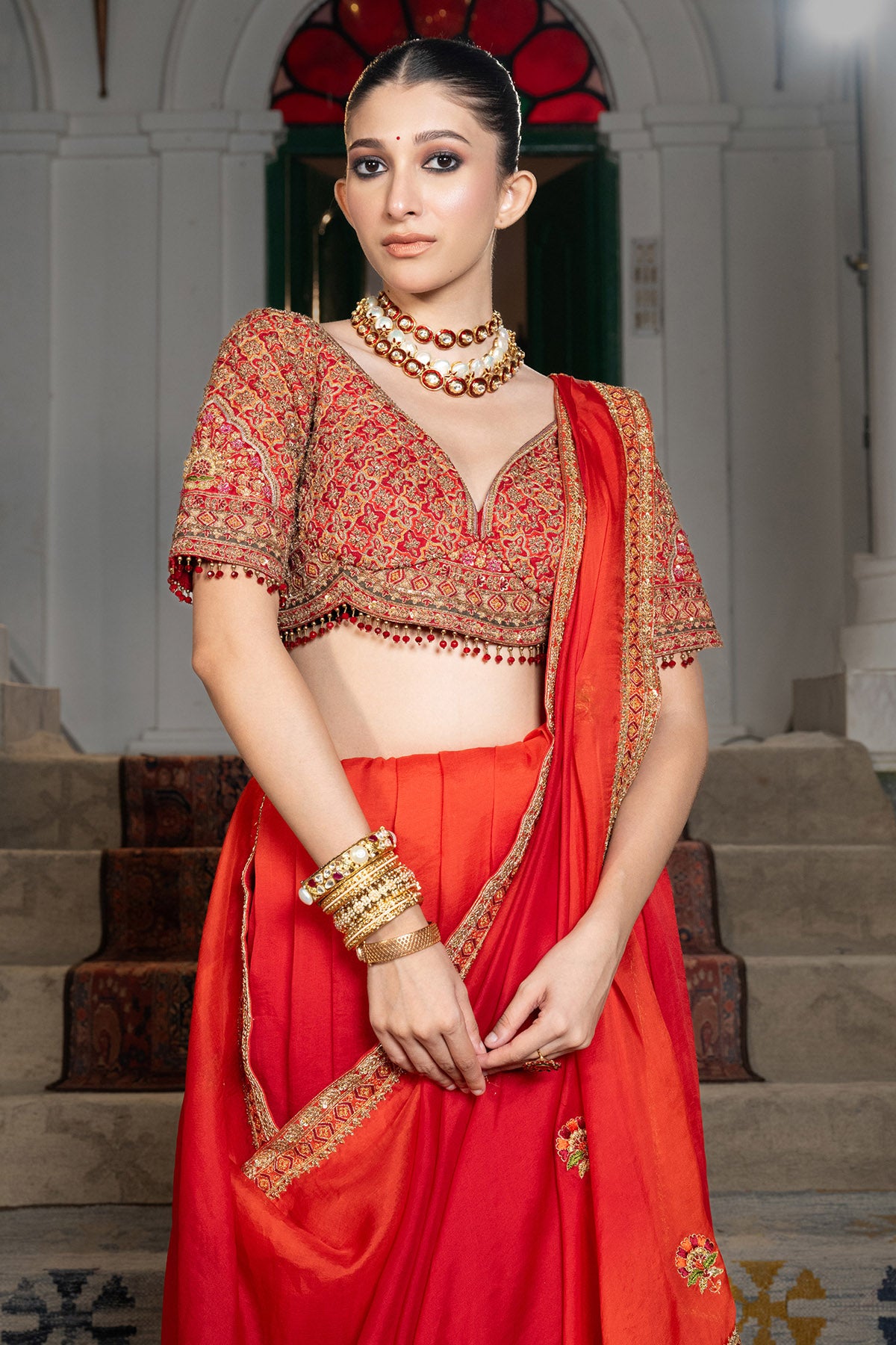 Red Ombre Embroidery Saree Set