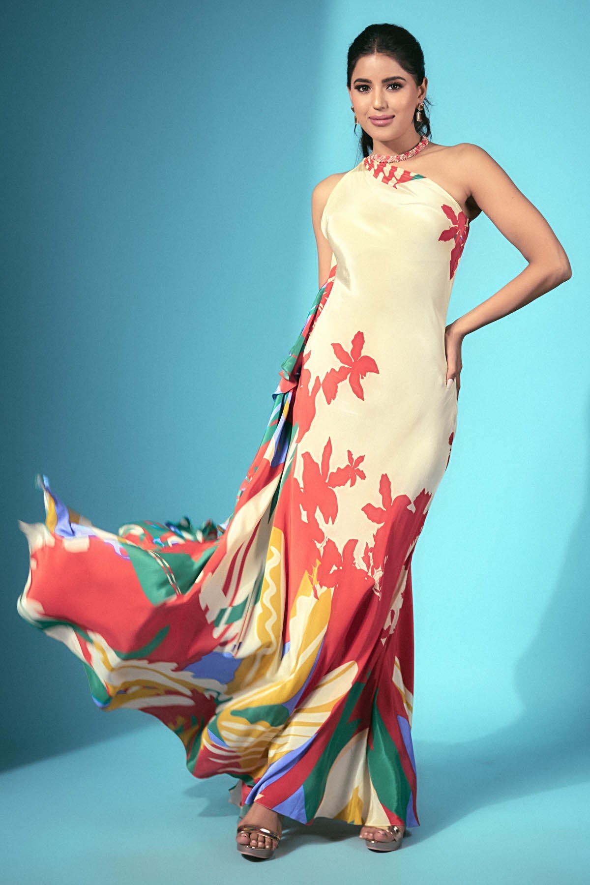 Buy Red One Shoulder Frill Dress by Mandira Wirk