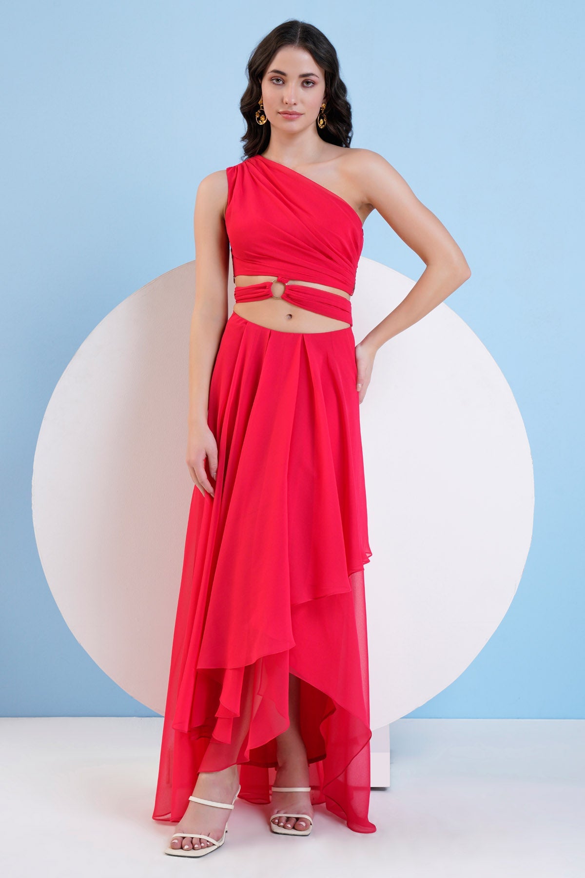 Buy Red One Shoulder High Low Dress by Mandira Wirk