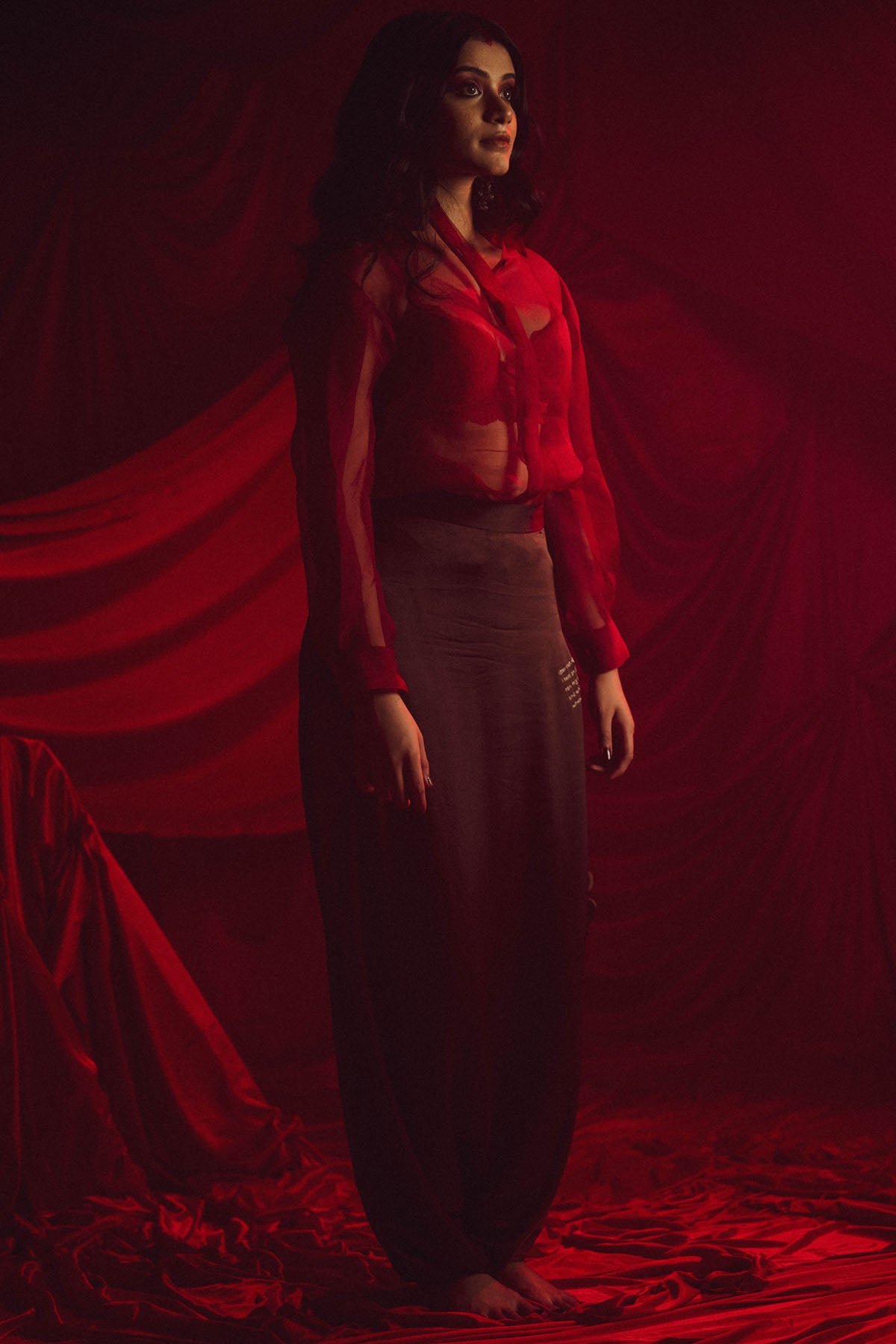 Red Organza Embellished Shirt