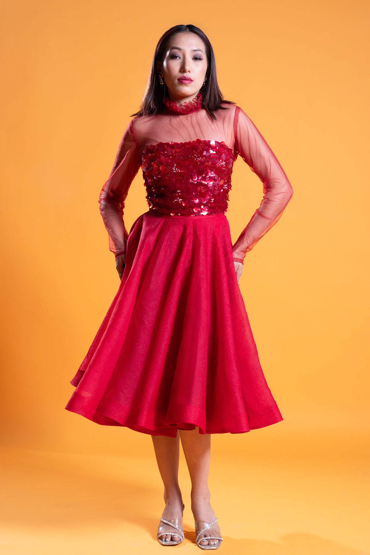 Red Organza Flared Midi Skirt