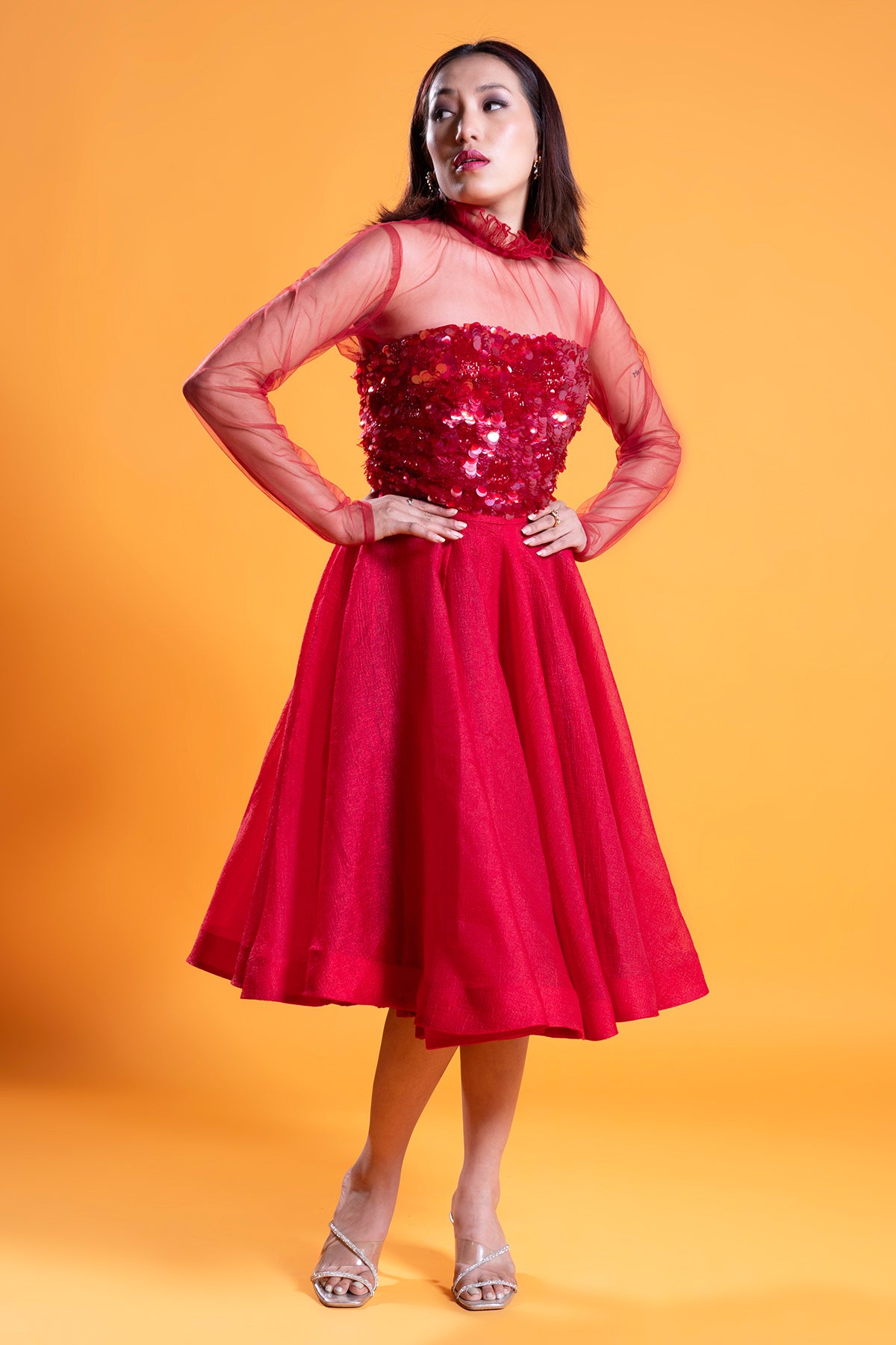 Red Organza Flared Midi Skirt