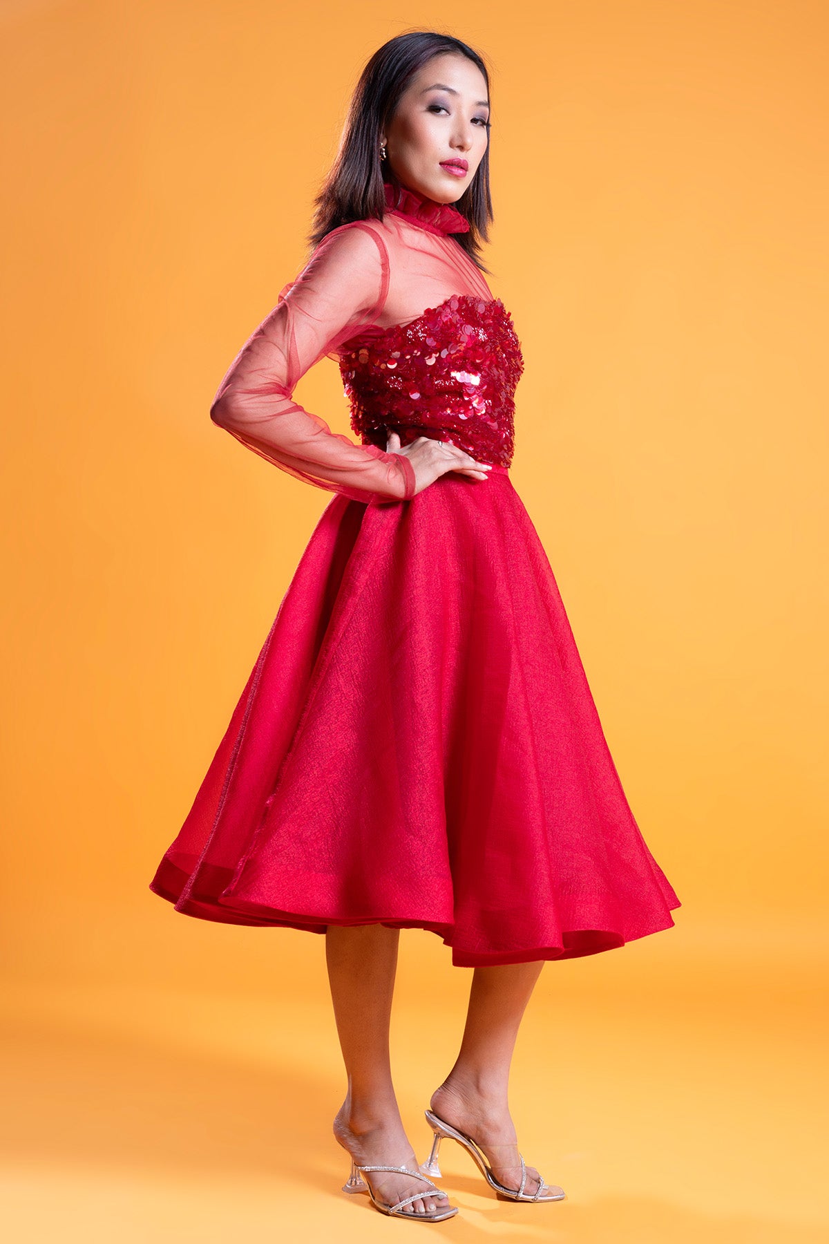 Red Organza Flared Midi Skirt