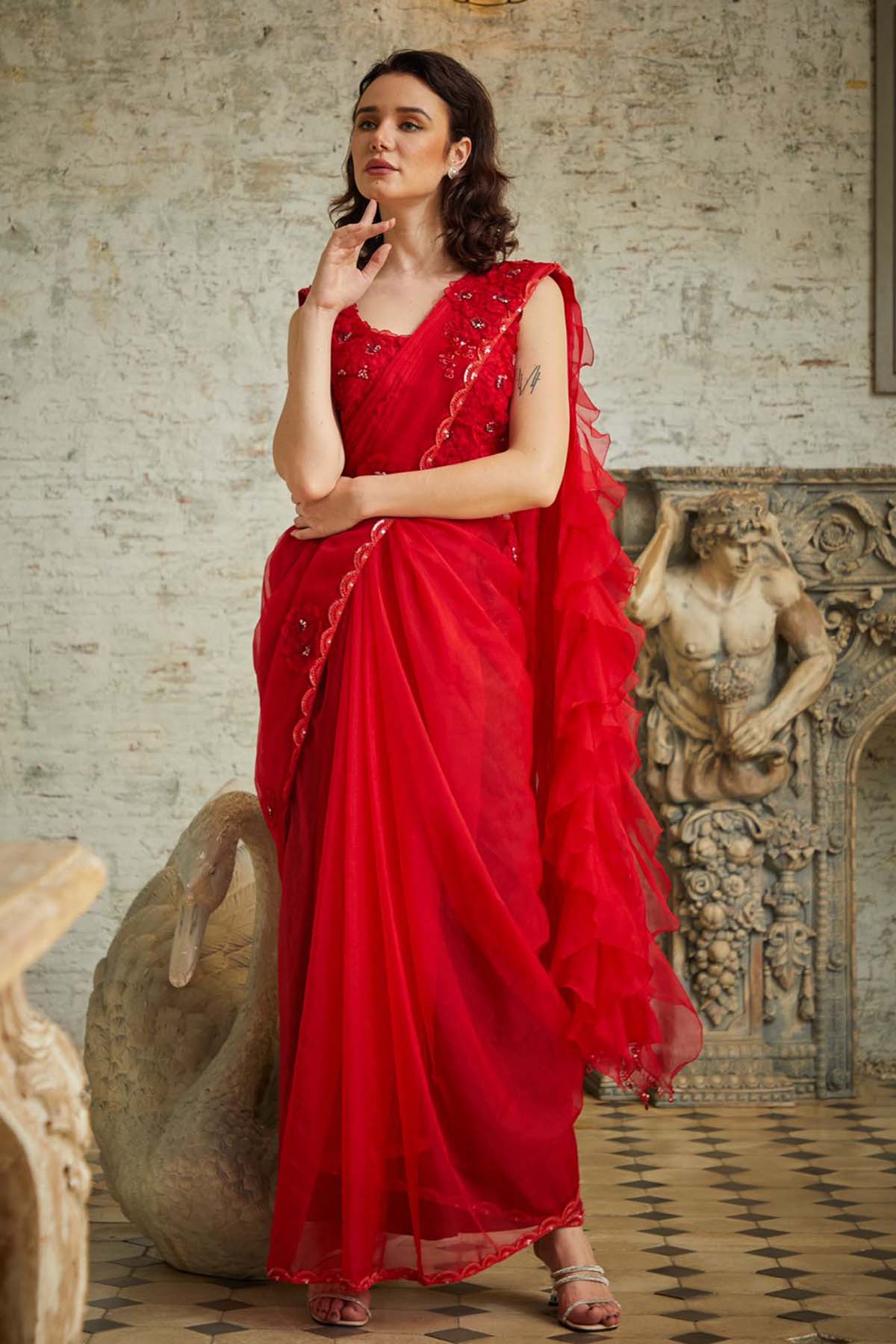 Red Organza Ruffle Saree Set