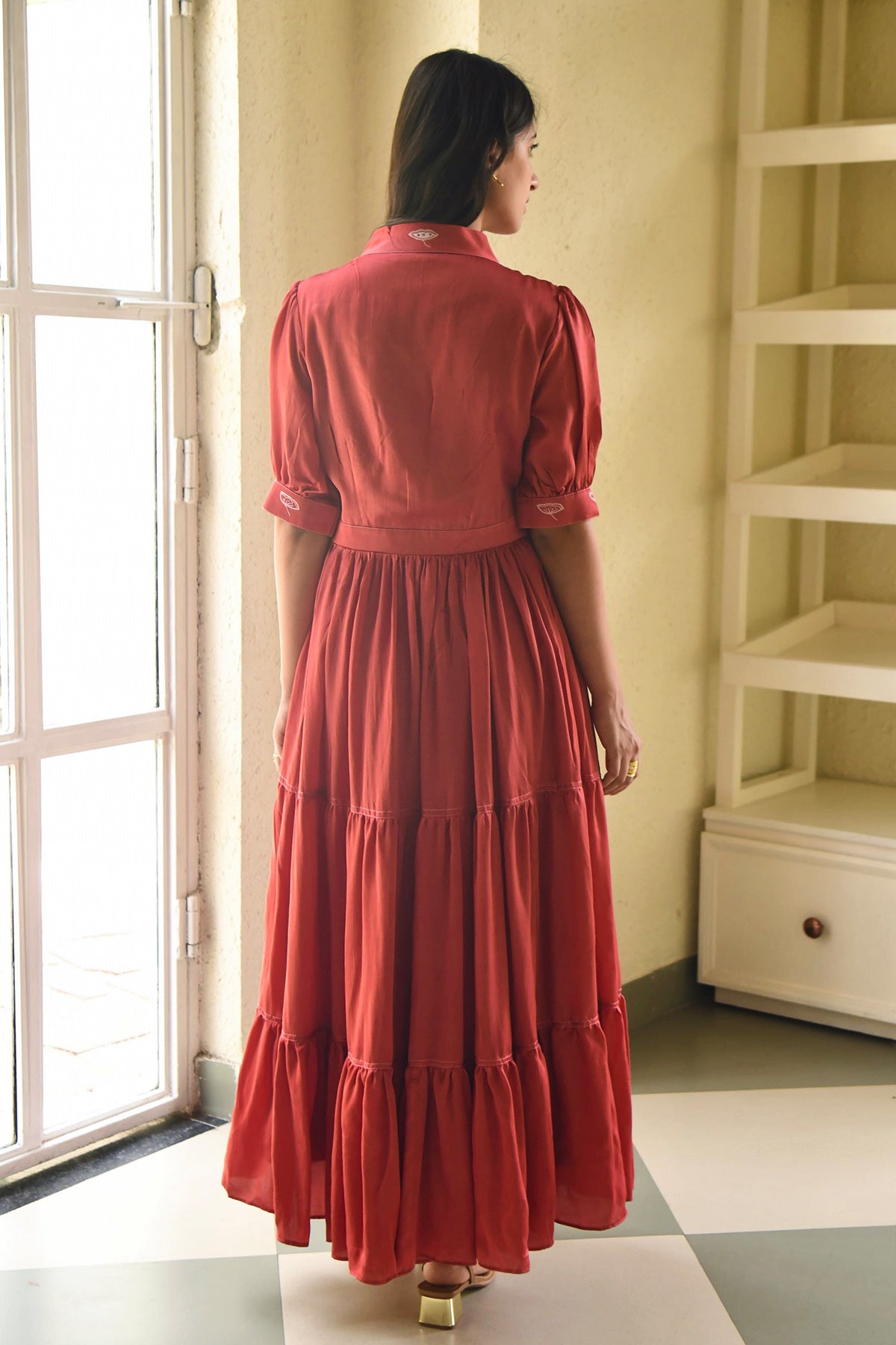 Red Overlap V-Neck Tiered Dress