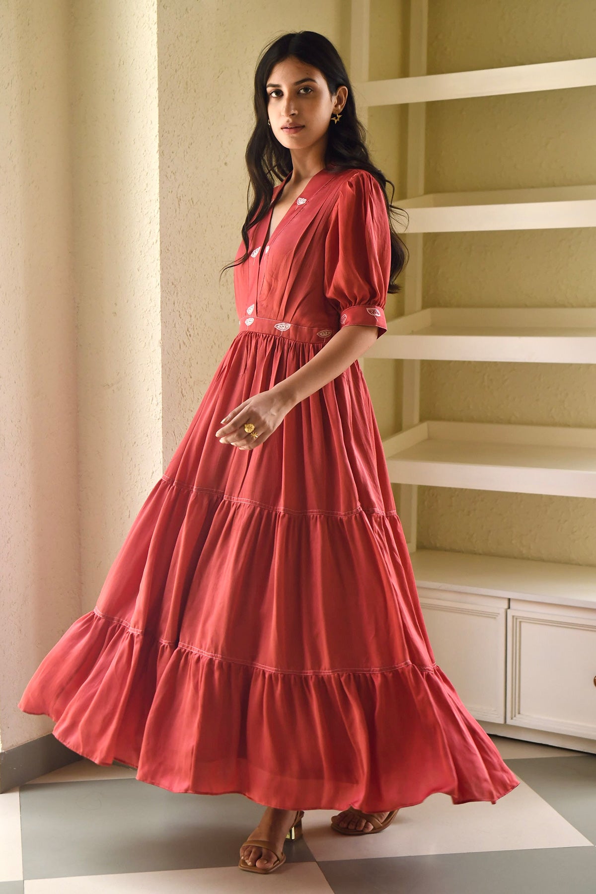 Red Overlap V-Neck Tiered Dress