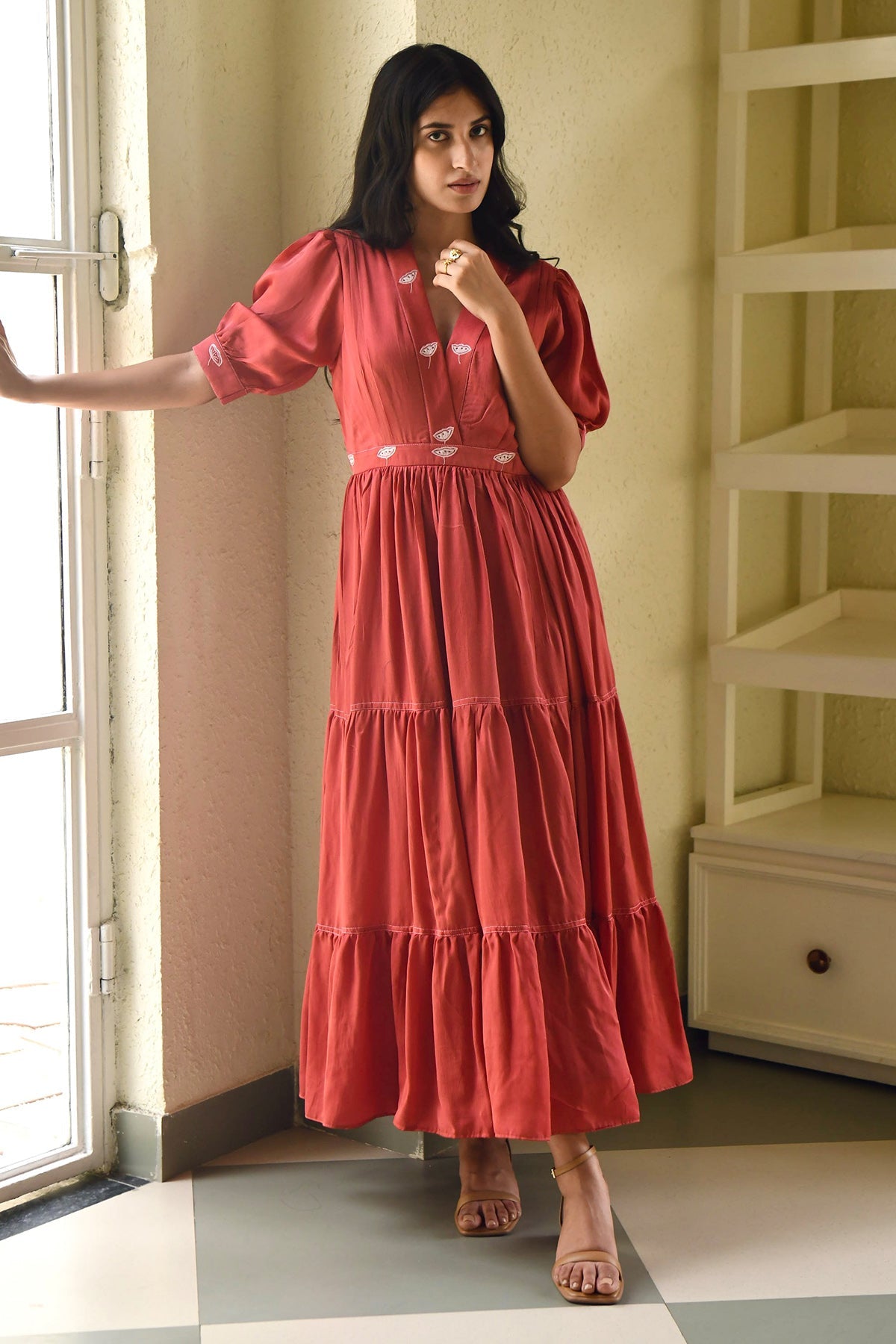 Buy Red Overlap V-Neck Tiered Dress by Taro India for Women online at ScrollnShops