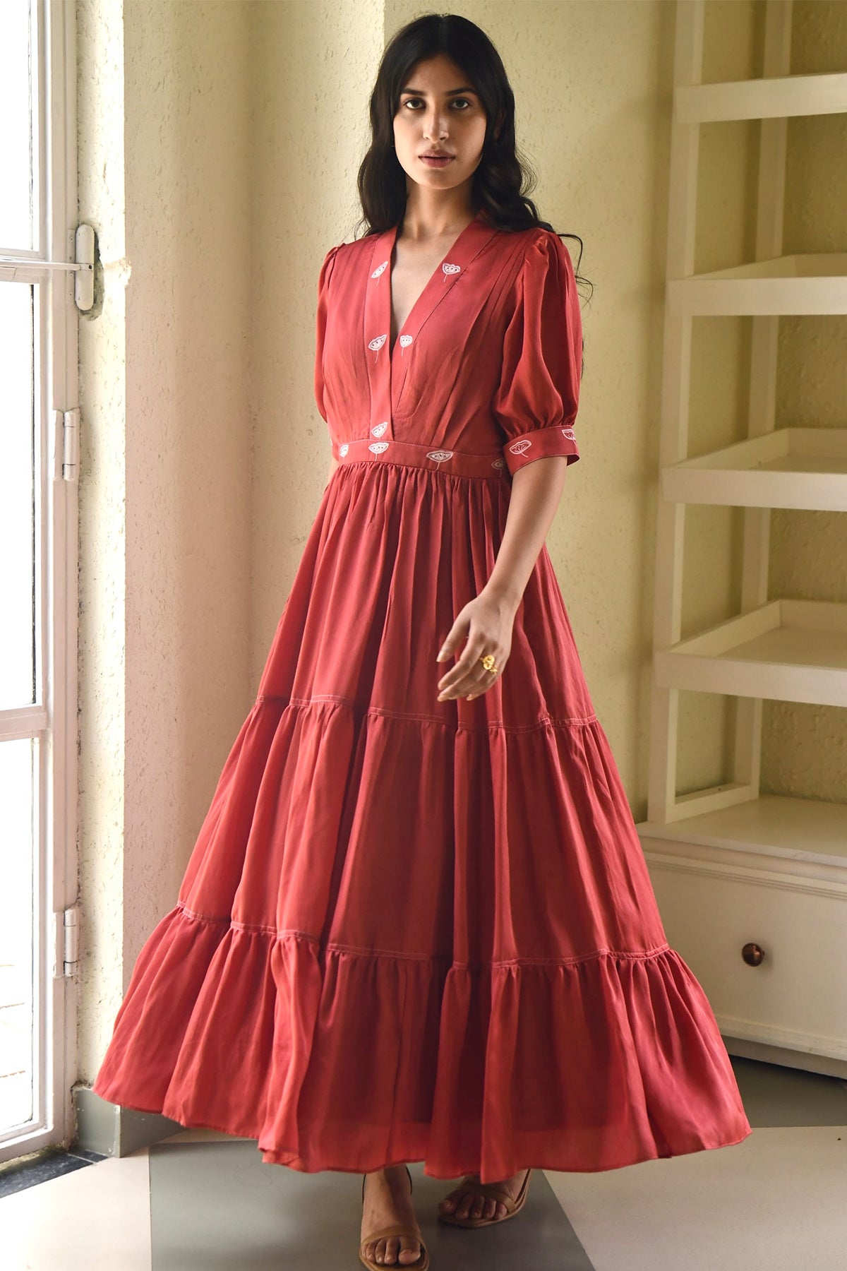 Red Overlap V-Neck Tiered Dress