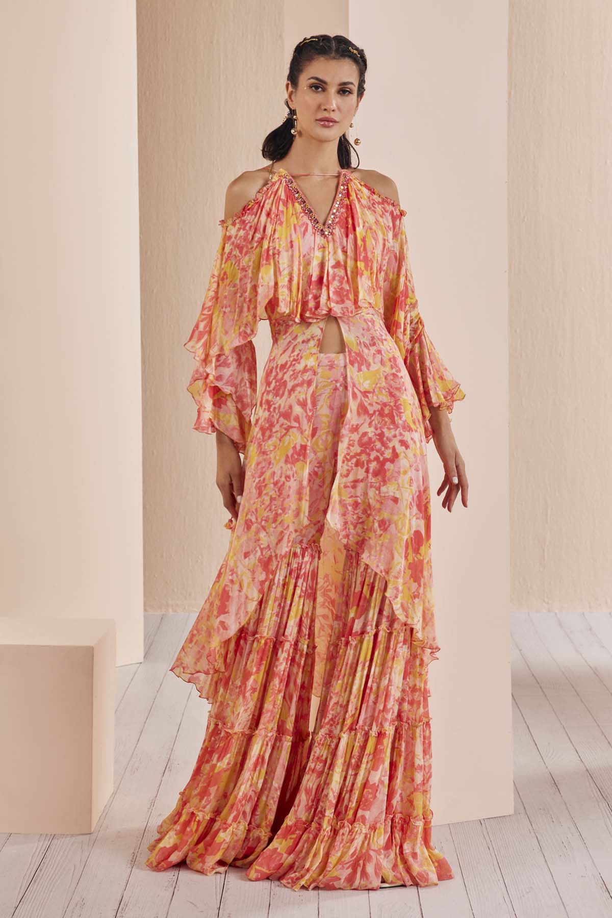 Buy Red Pansy Daisy Butterfly Kurta Set by Mandira Wirk