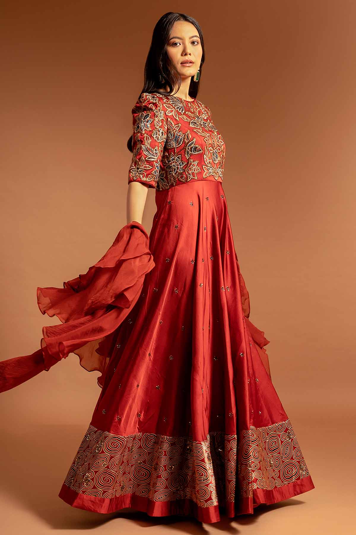 Red Patchwork Gown & Dupatta