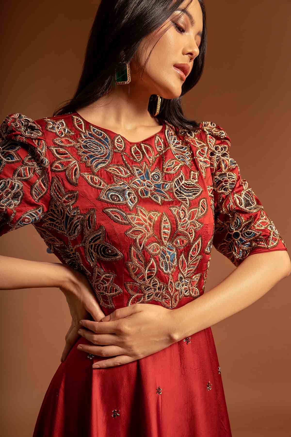 Red Patchwork Gown & Dupatta