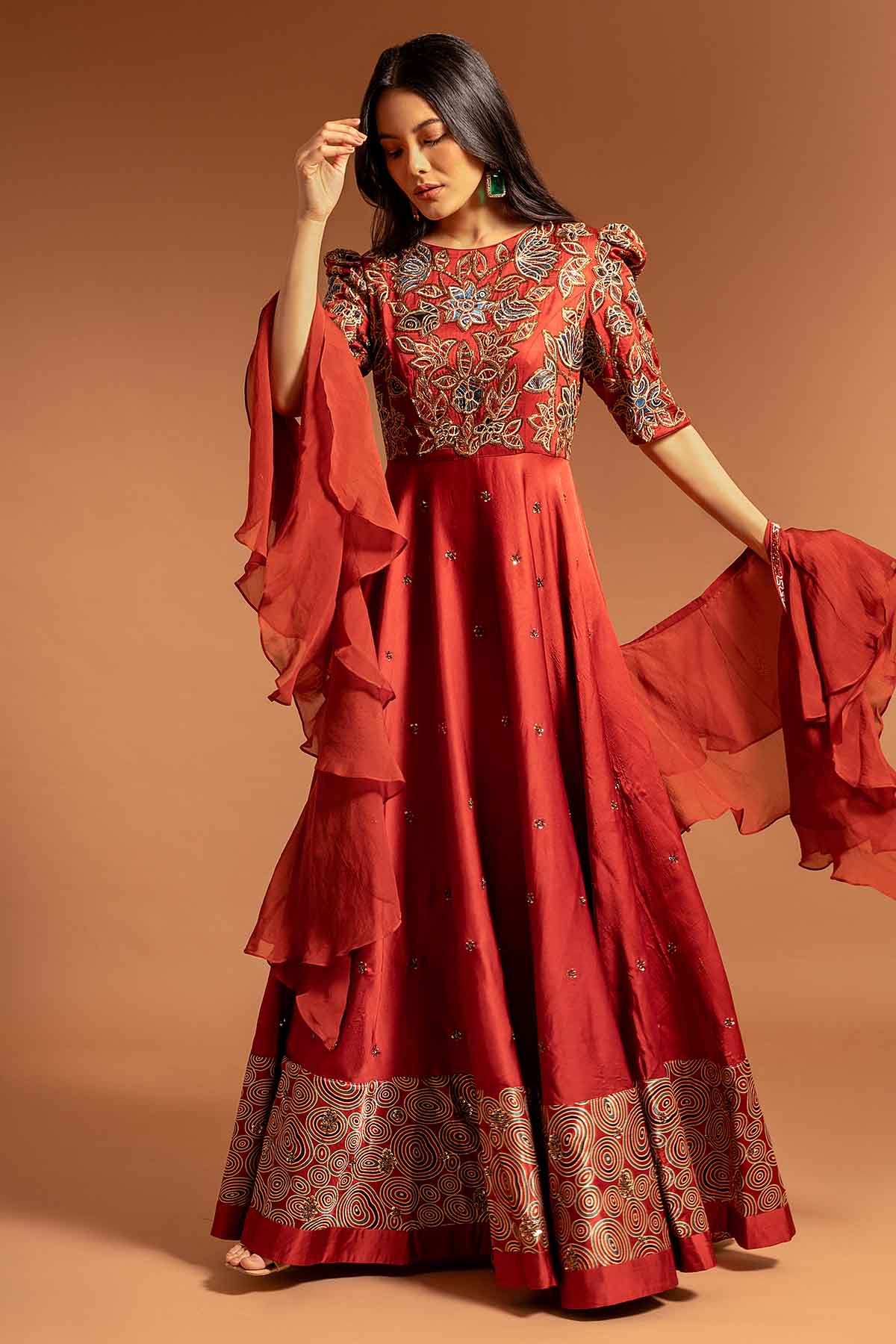 Buy Red Patchwork Gown & Dupatta by Sejal Kamdar at ScrollnShops