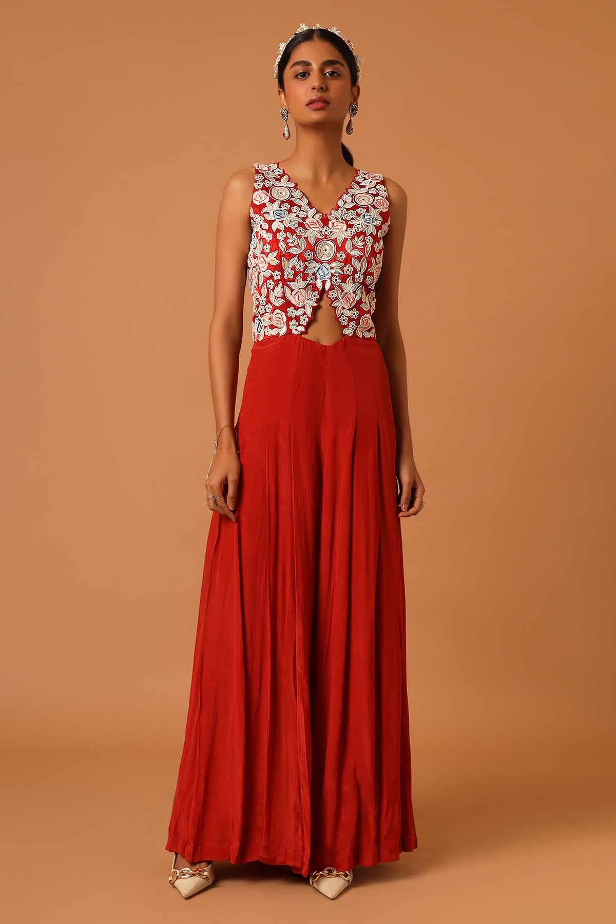 Red Patchwork Pleated Jumpsuit