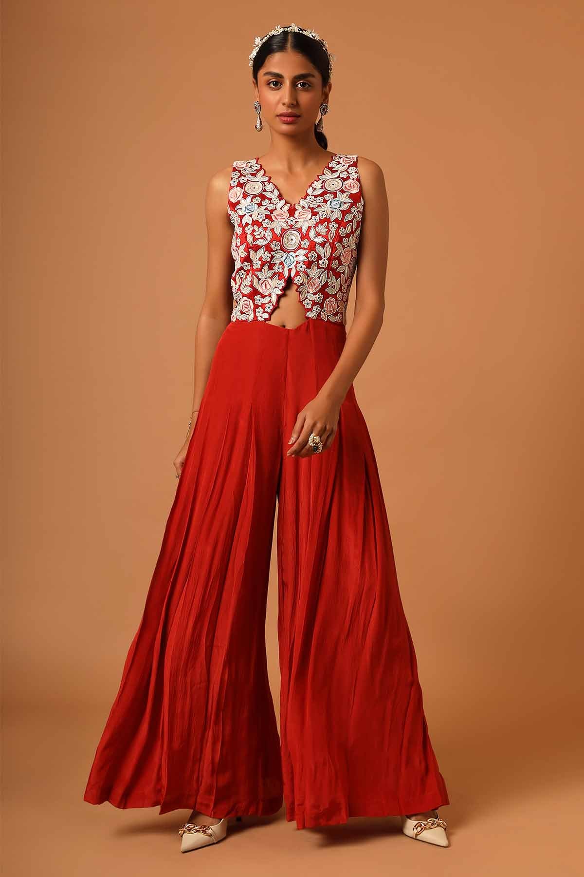 Sejal Kamdar Red Patchwork Pleated Jumpsuit for women online at ScrollnShops