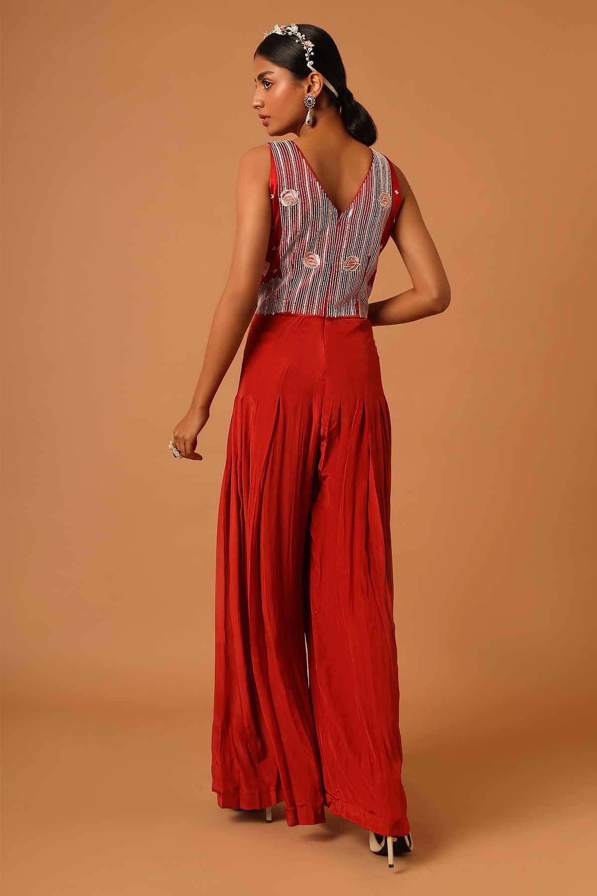 Red Patchwork Pleated Jumpsuit