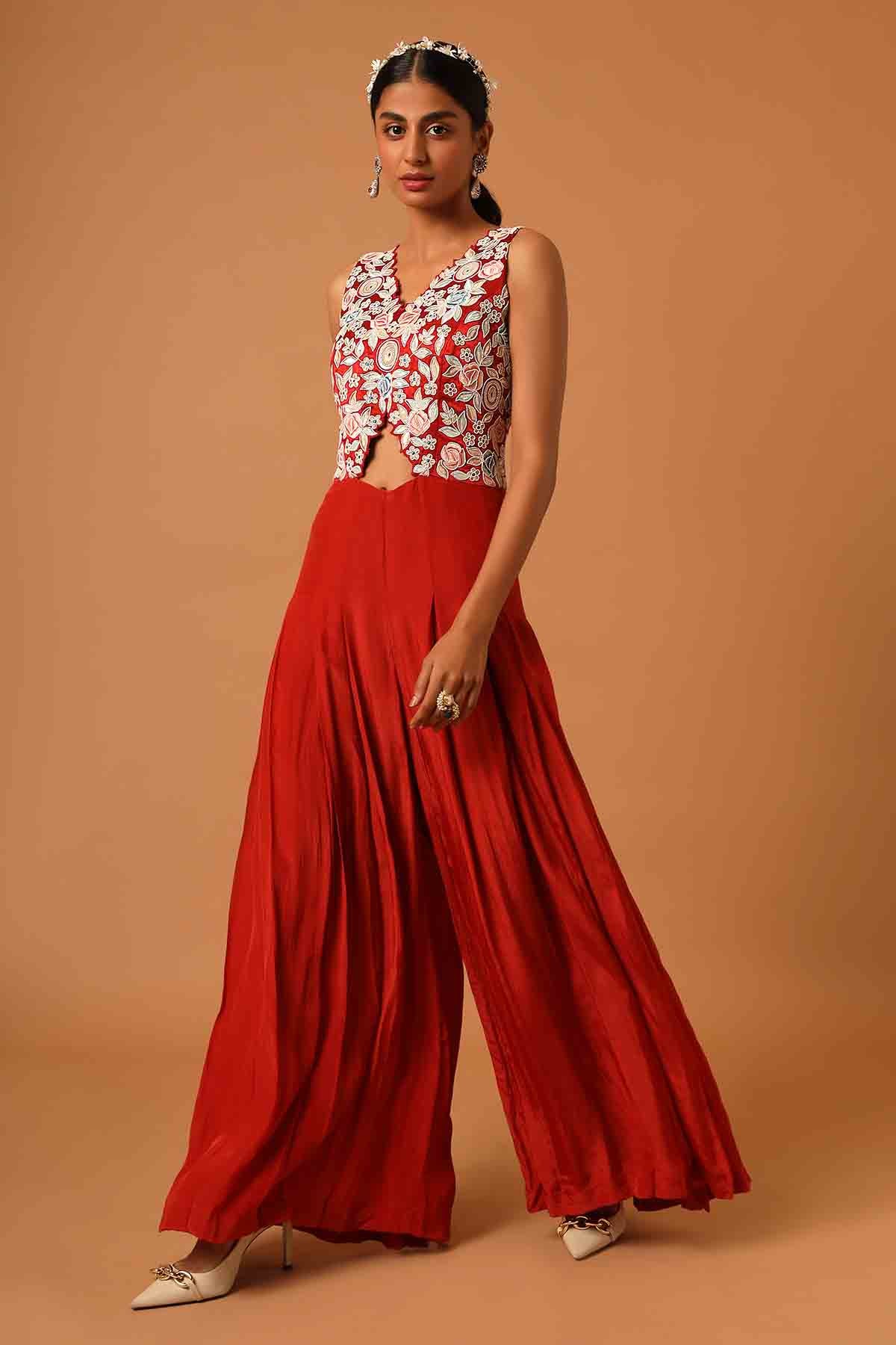 Red Patchwork Pleated Jumpsuit