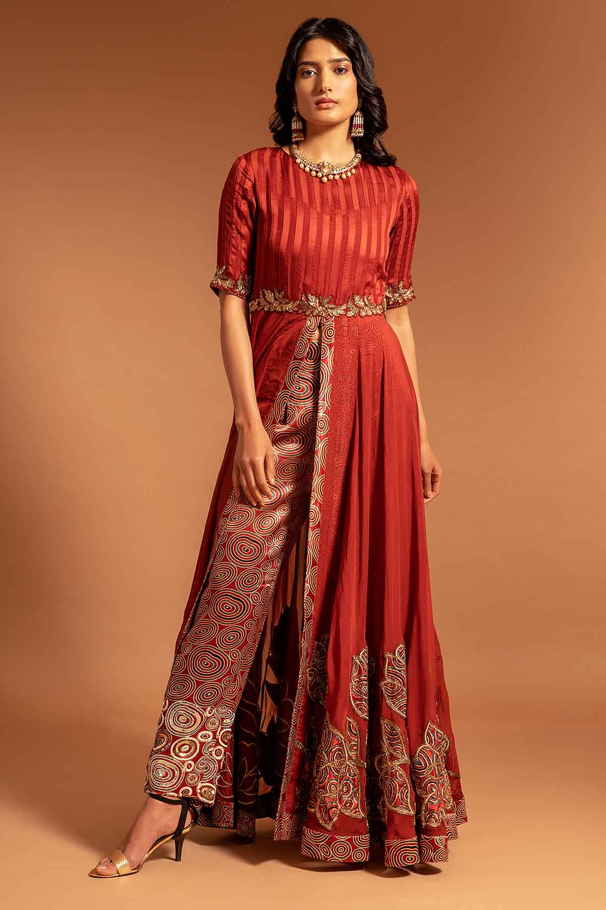 Buy Red Patchwork Slit Anarkali Set by Sejal Kamdar at ScrollnShops