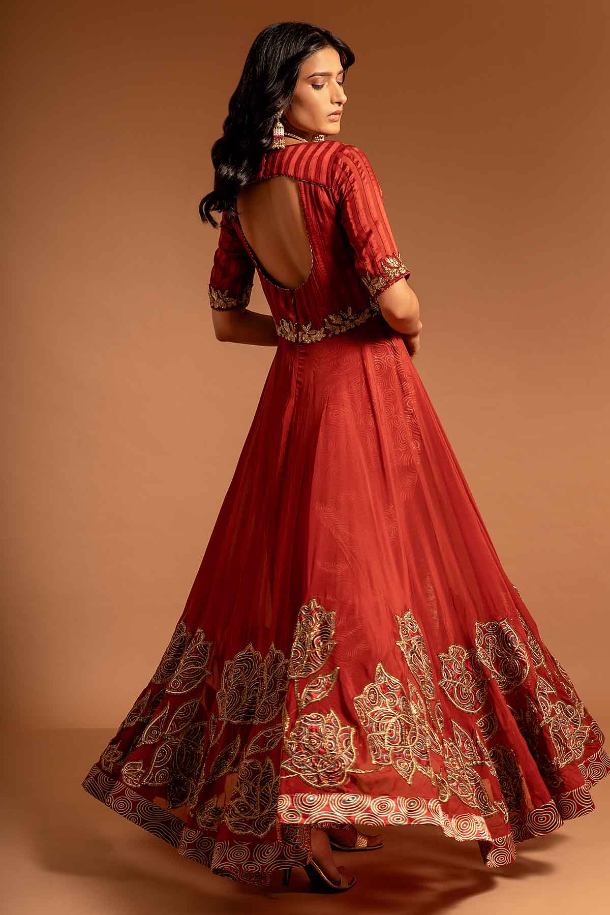 Red Patchwork Slit Anarkali Set