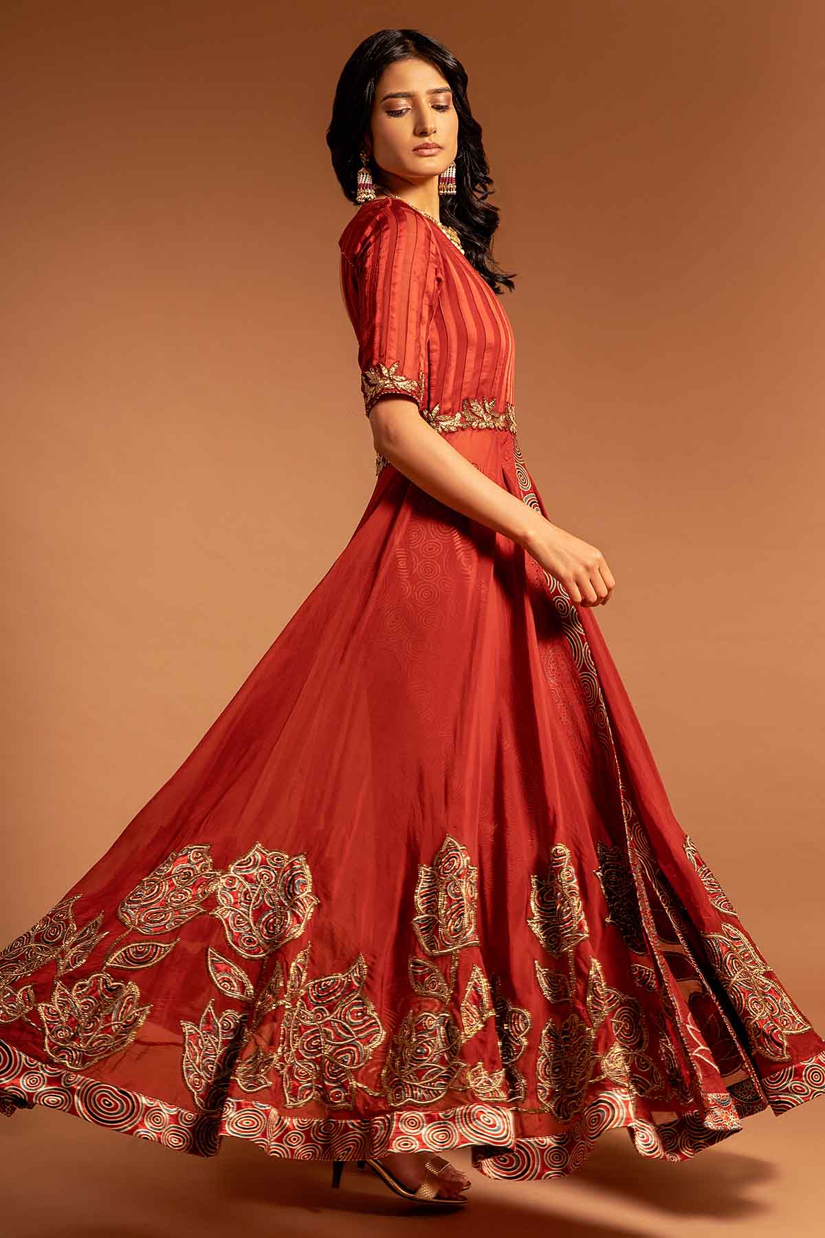 Red Patchwork Slit Anarkali Set
