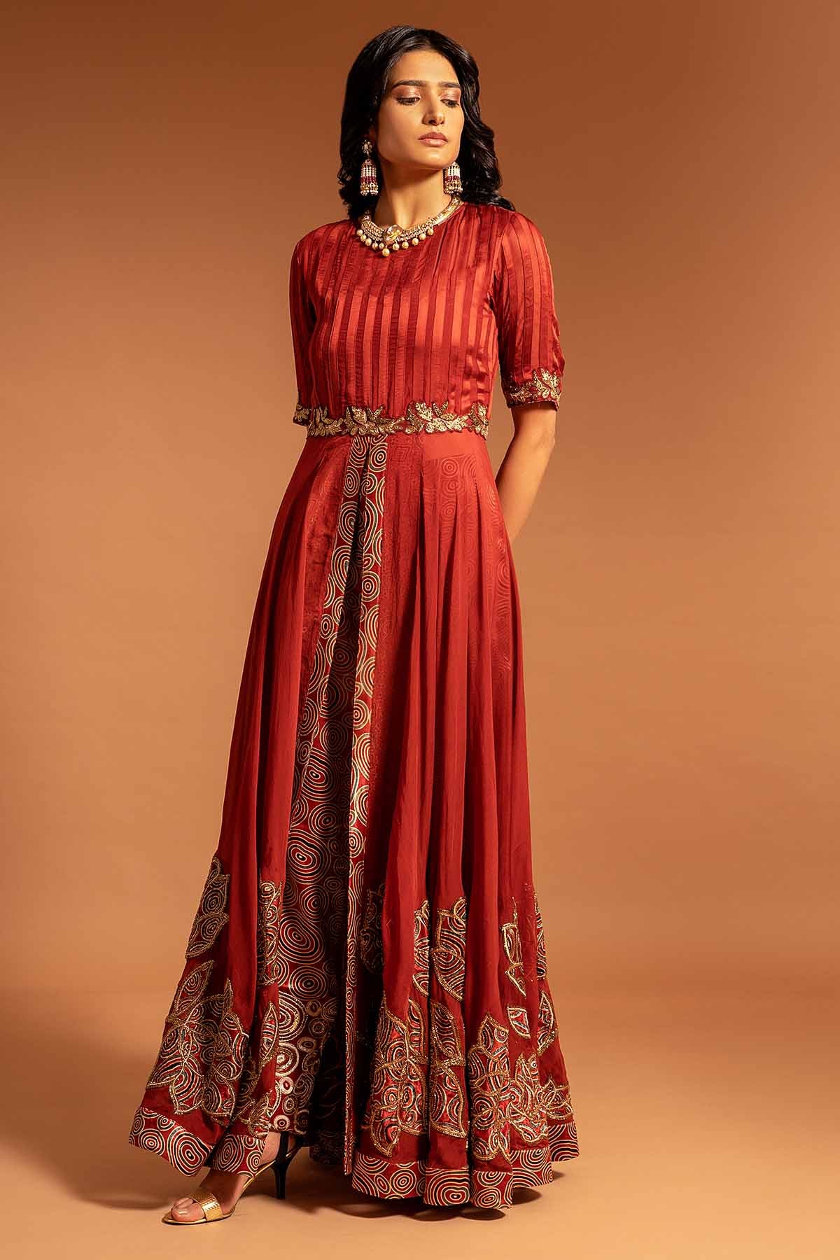 Red Patchwork Slit Anarkali Set