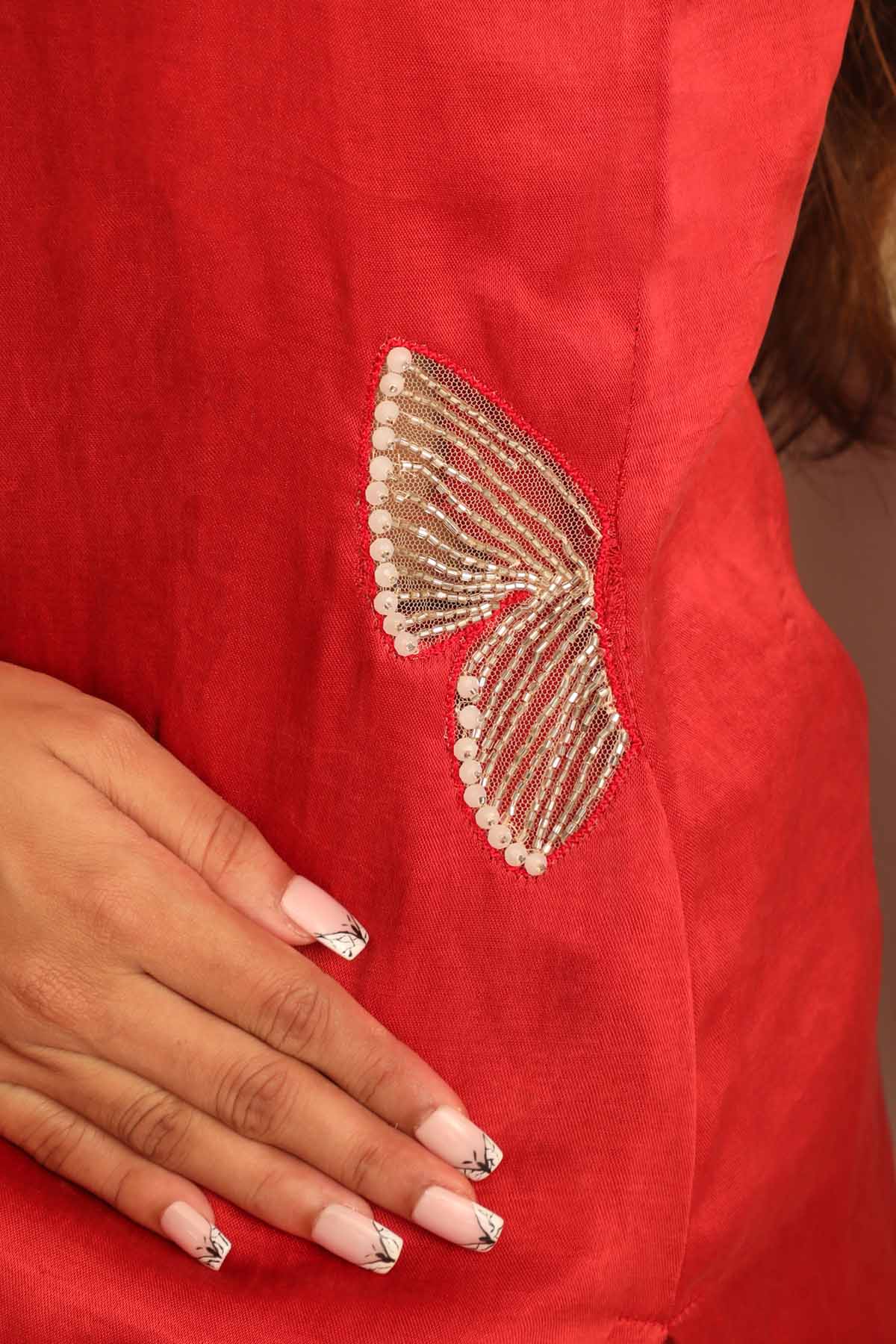 Red Pearl Detail Kurta & Pants