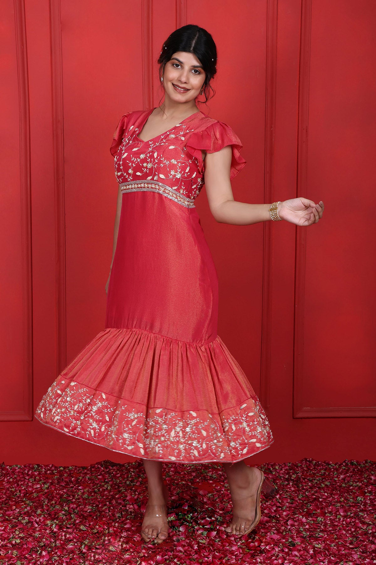 Red Pearl Embroidered Midi Dress