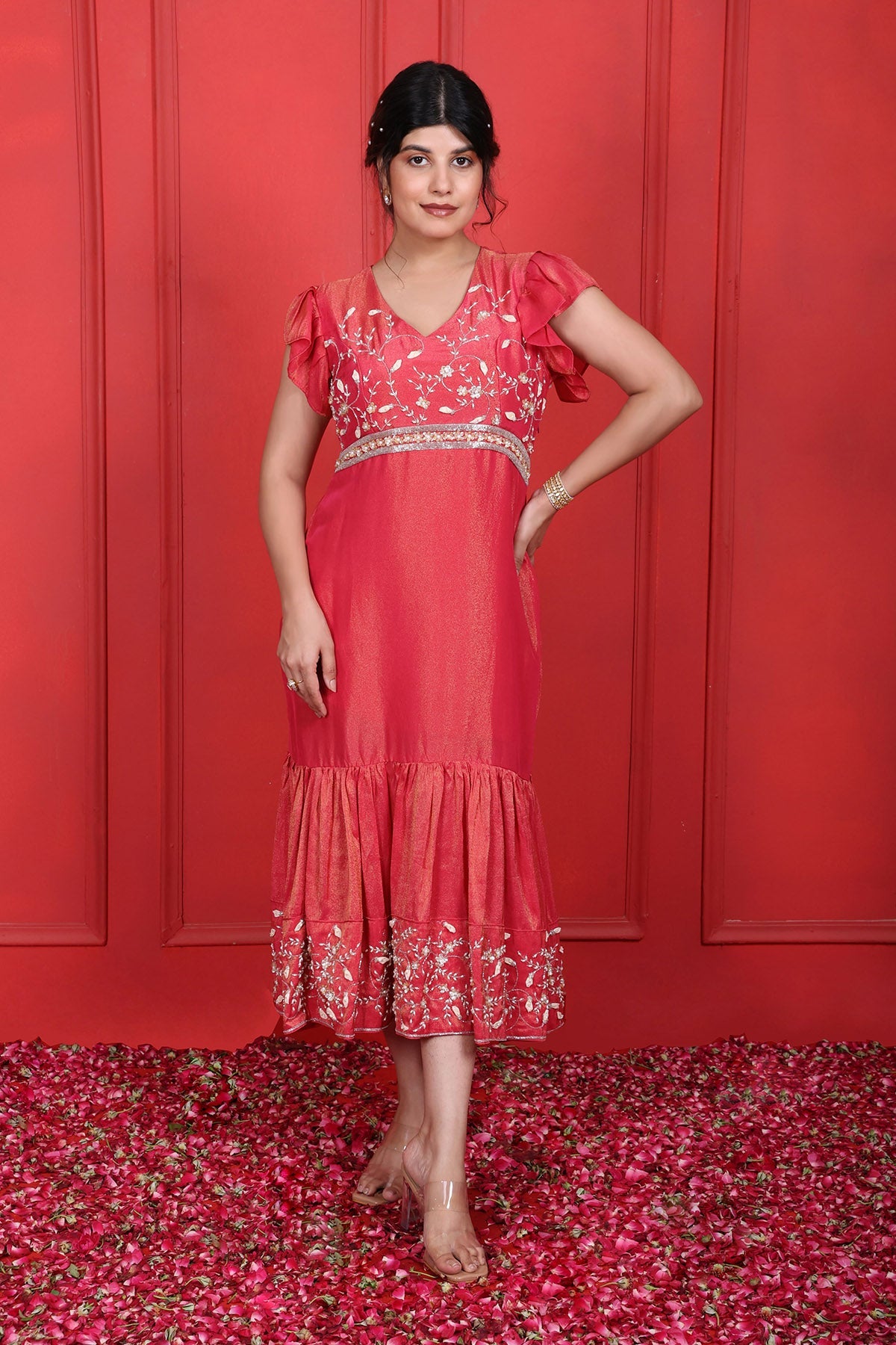 Buy Red Pearl Embroidered Midi Dress for Women at ScrollnShops Buy Red Pearl Embroidered Midi Dress for Women at ScrollnShops