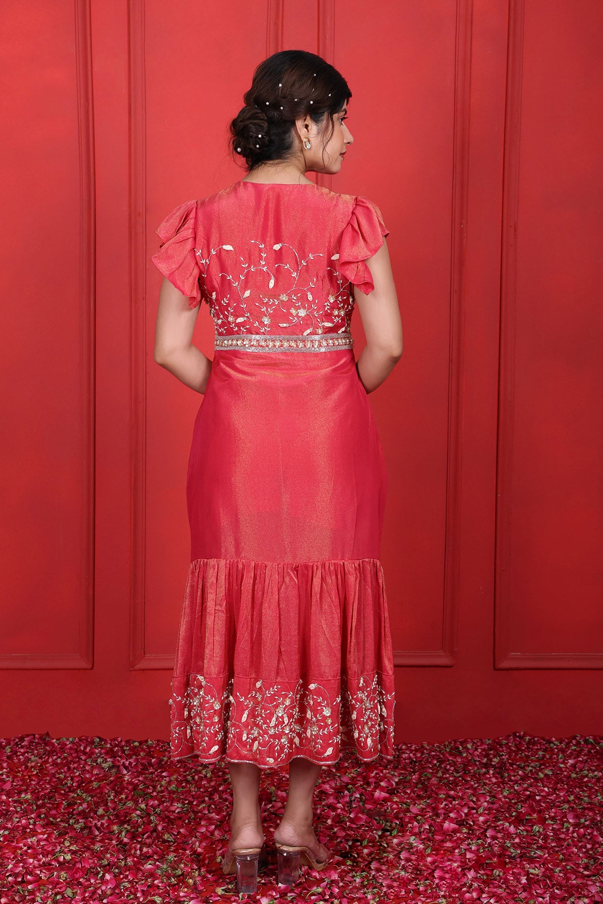 Red Pearl Embroidered Midi Dress