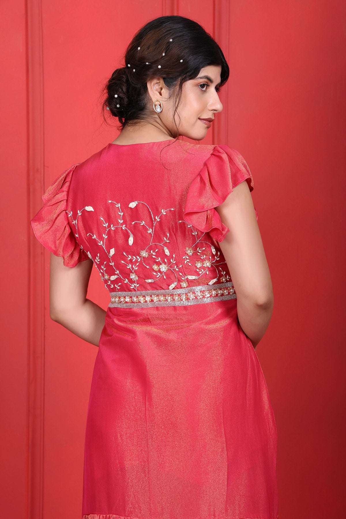 Red Pearl Embroidered Midi Dress