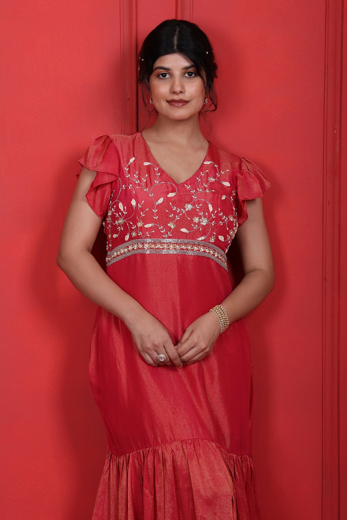 Red Pearl Embroidered Midi Dress