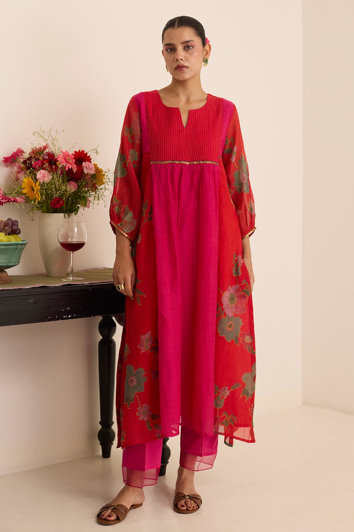 Red & Pink Chanderi Kurta Set