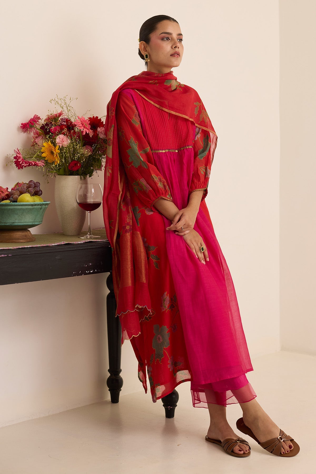 Buy Red & Pink Chanderi Kurta Set by Juanita For women Online at Scrollnshops