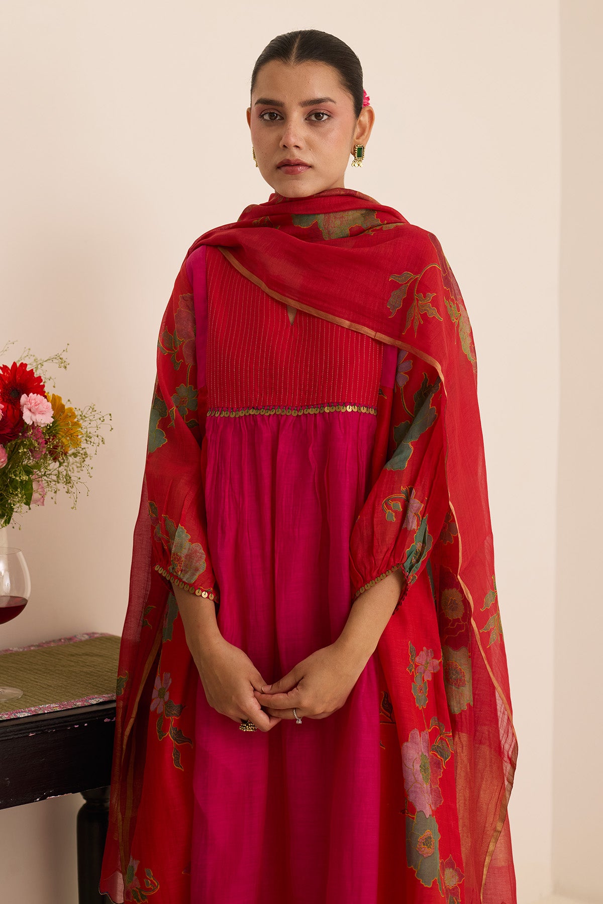 Red & Pink Chanderi Kurta Set