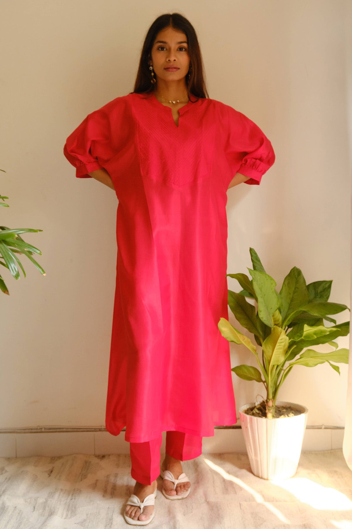 Red Pintuck Detailing Kurta Set