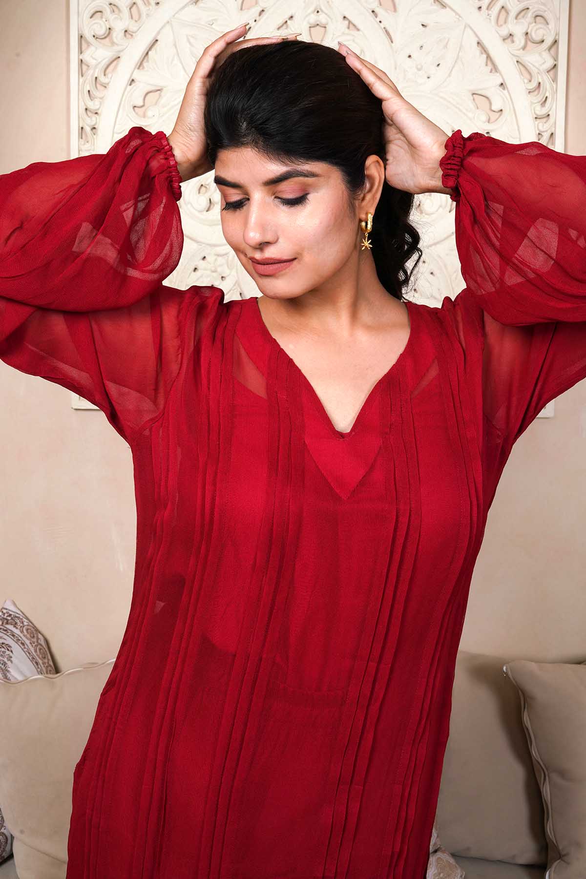 Red Pintuck Long Kurta & Pants