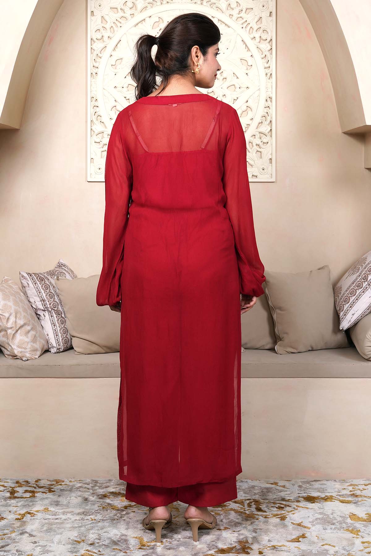 Red Pintuck Long Kurta & Pants