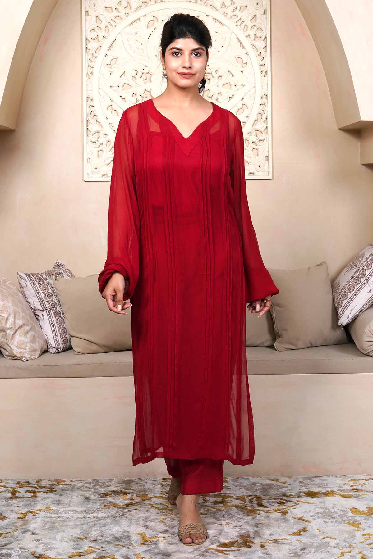 Imrie Red Pintuck Long Kurta & Pants for women online at ScrollnShops