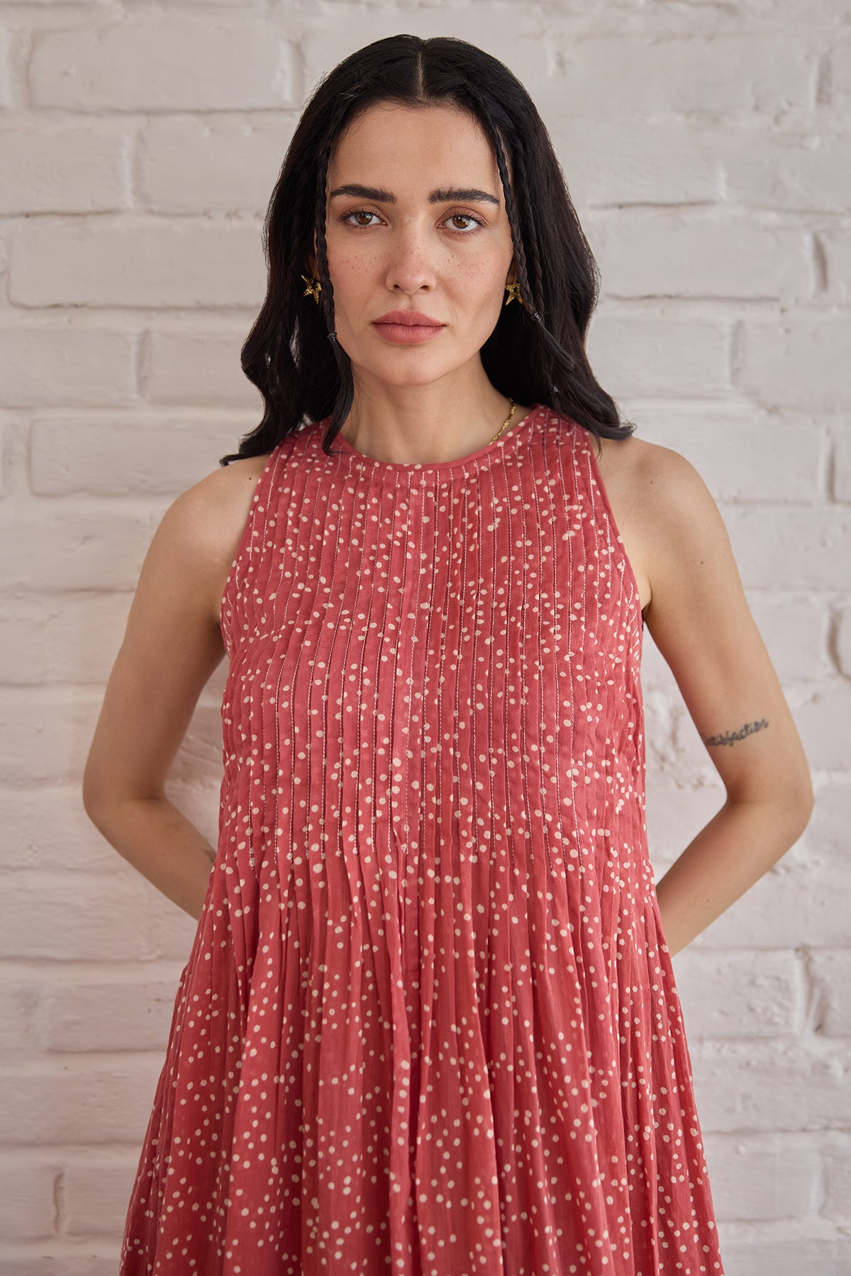 Red Pintuck Yoke Midi Dress