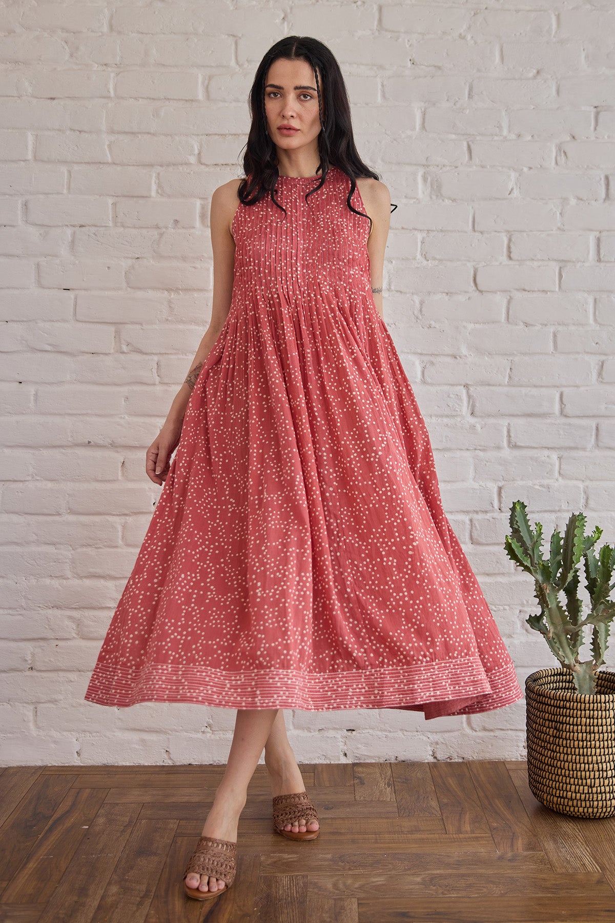 Red Pintuck Yoke Midi Dress