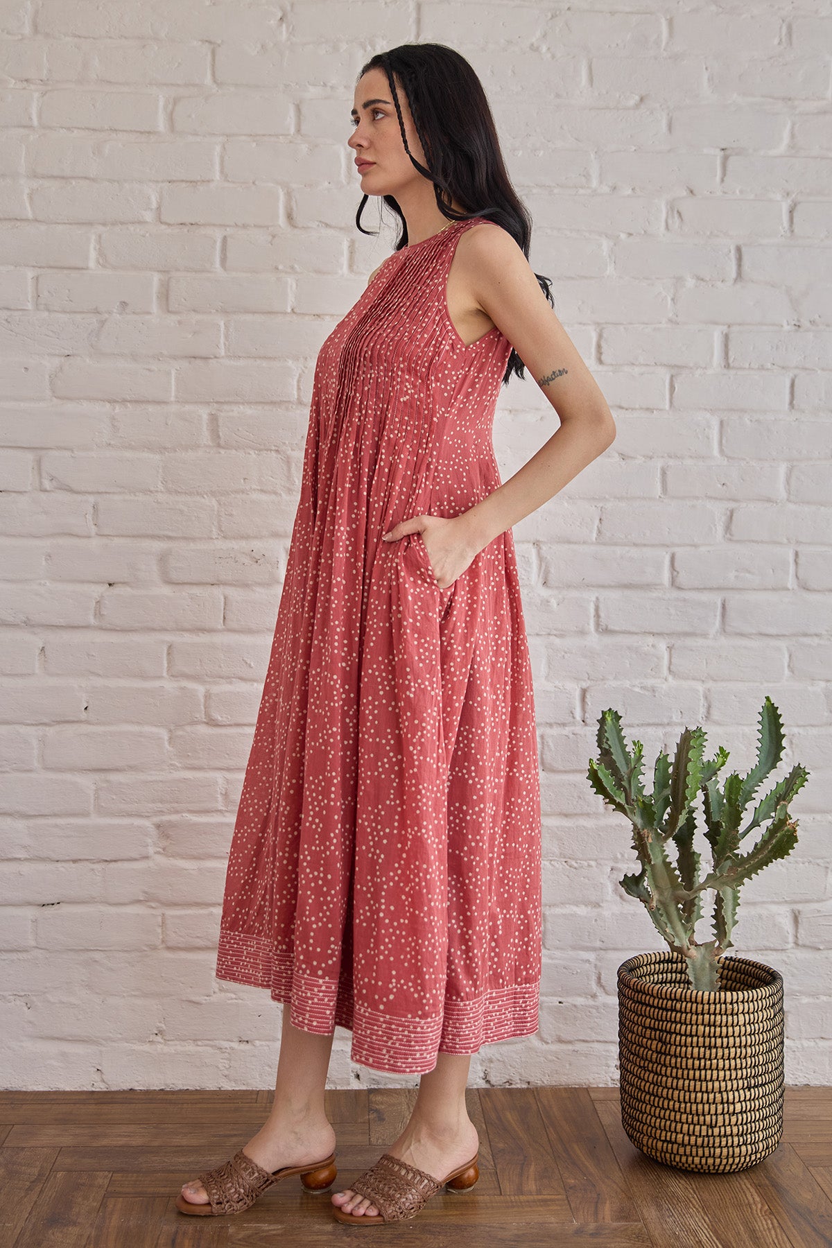 Red Pintuck Yoke Midi Dress