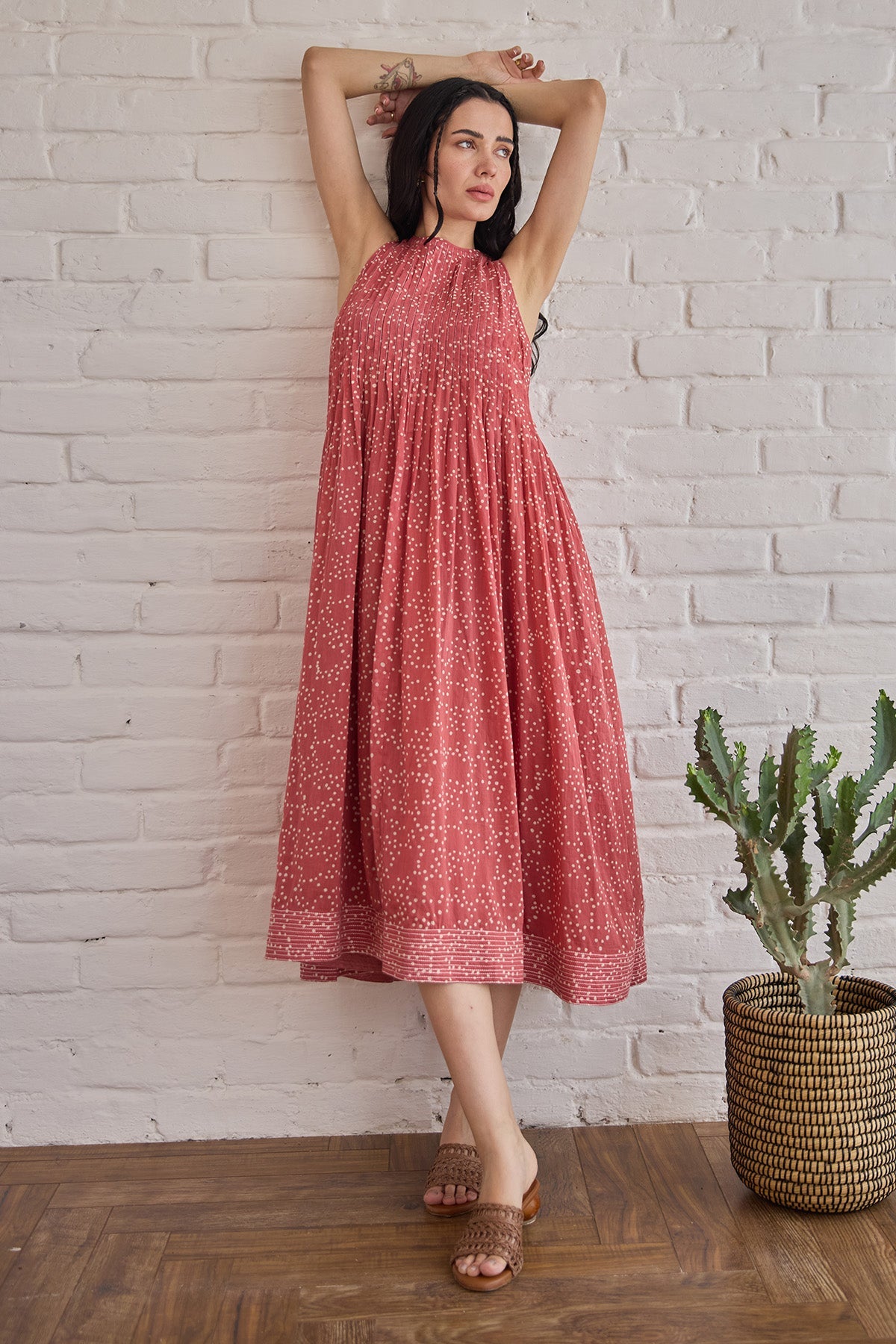Buy Red Pintuck Yoke Midi Dress by Taro India for women online at ScrollnShops