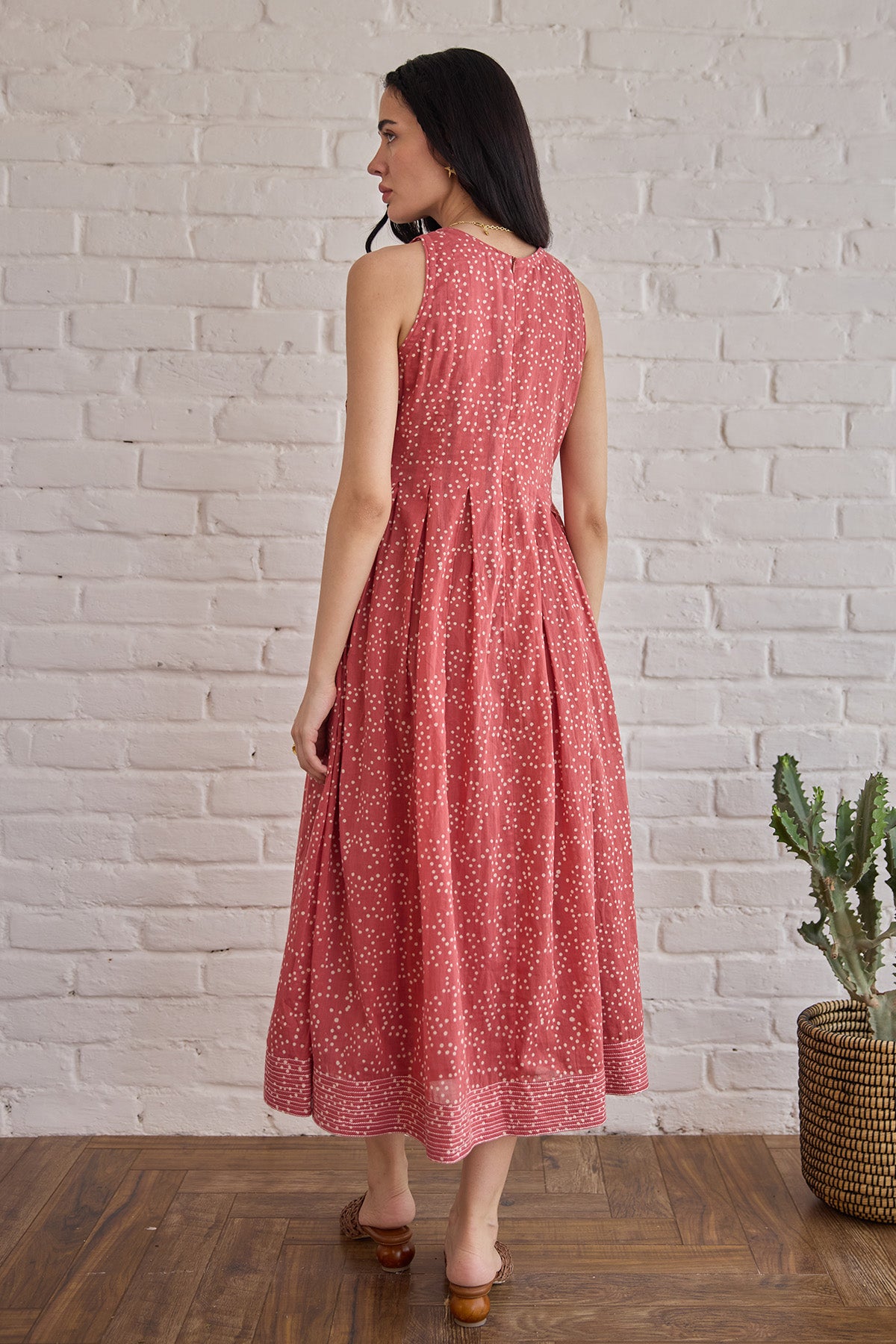 Red Pintuck Yoke Midi Dress