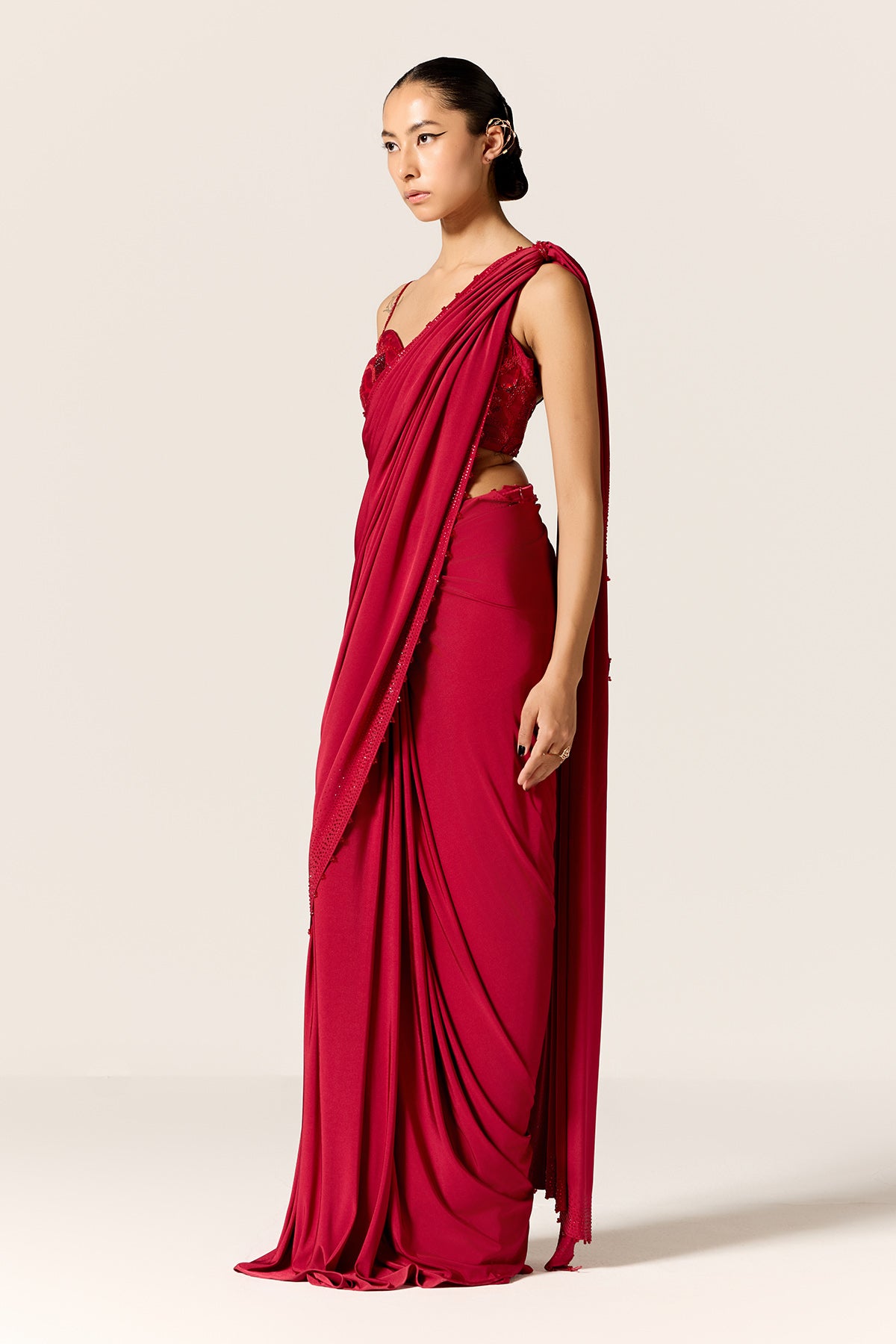 Red Pre-Draped Saree & Blouse