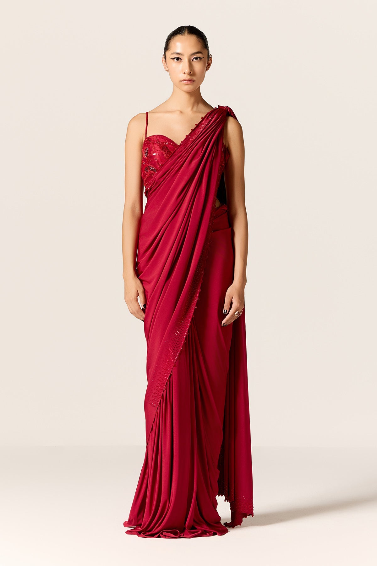 Buy Red Pre-Draped Saree & Blouse by Manika Nanda for Women online at ScrollnShops
