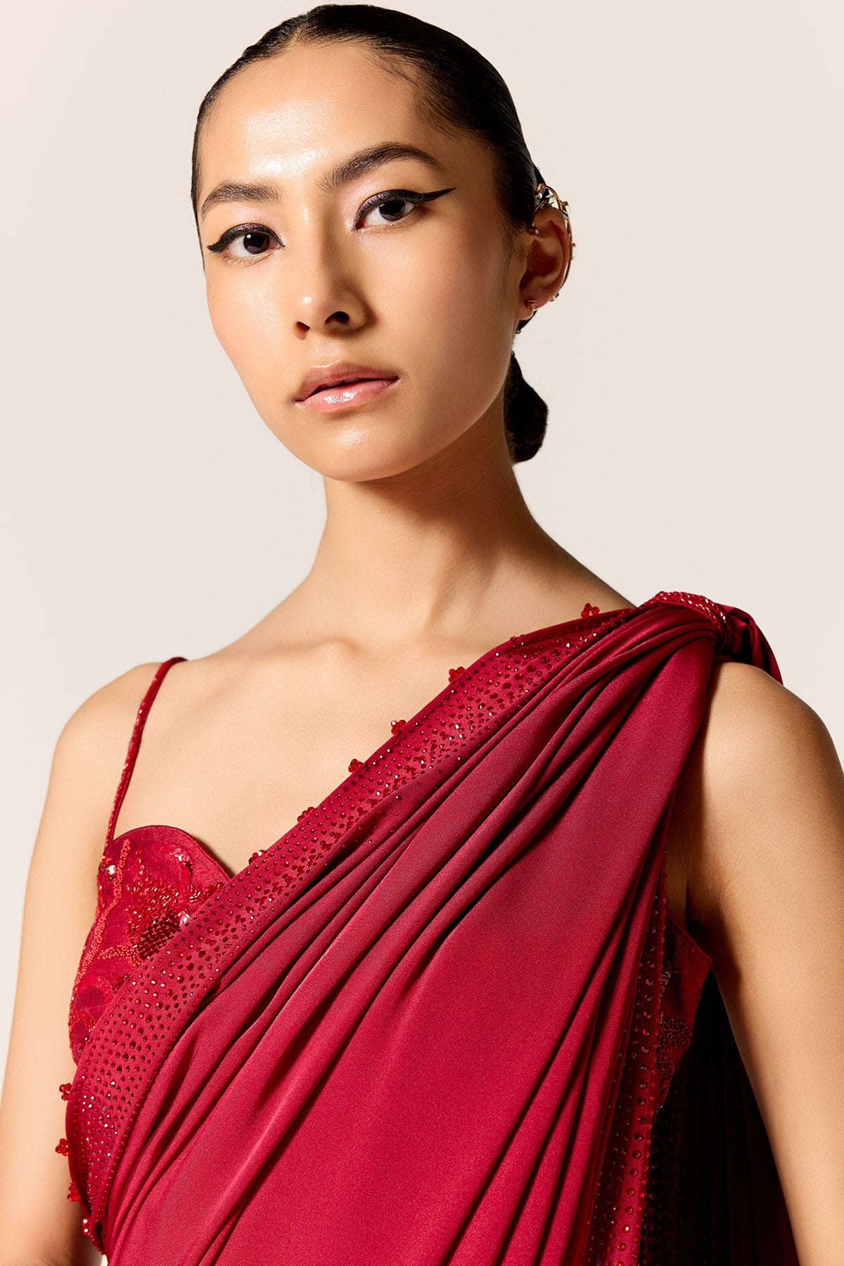 Red Pre-Draped Saree & Blouse