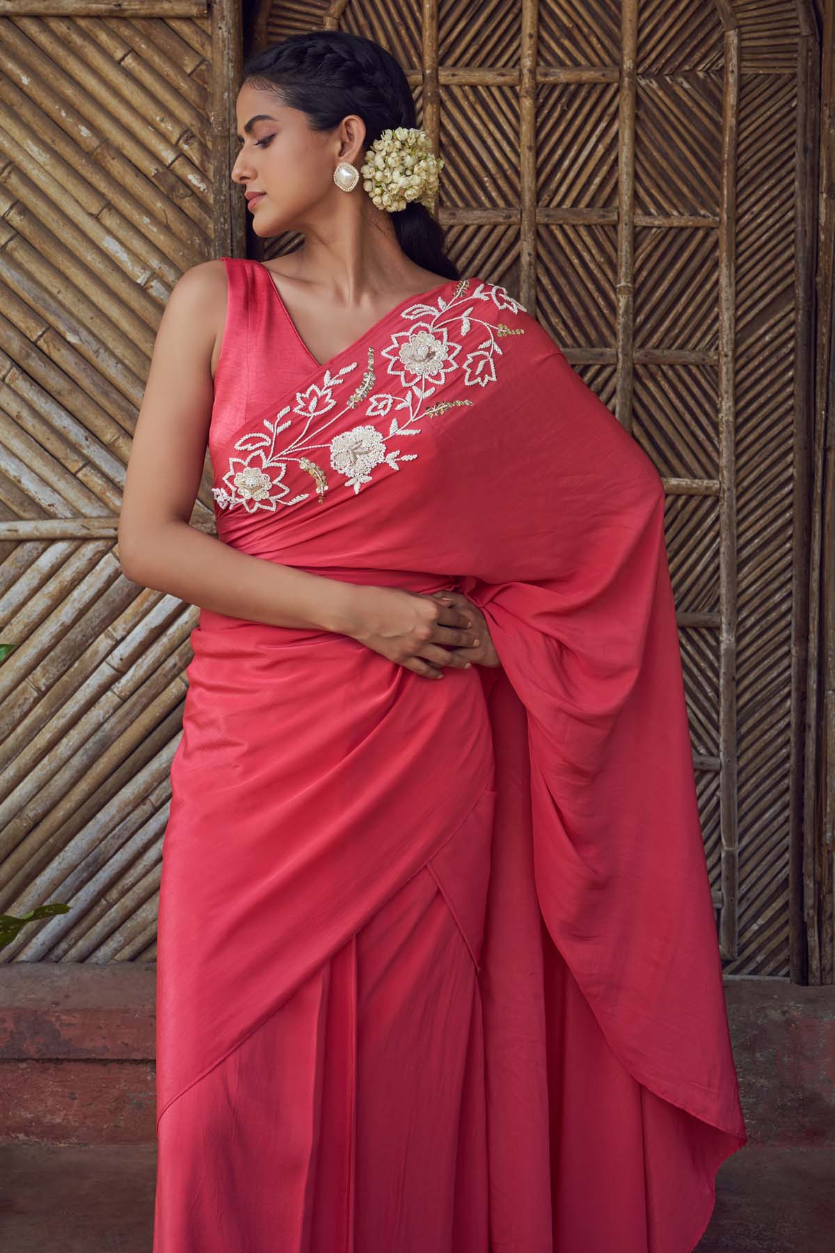 Red Prestitched Saree & Blouse